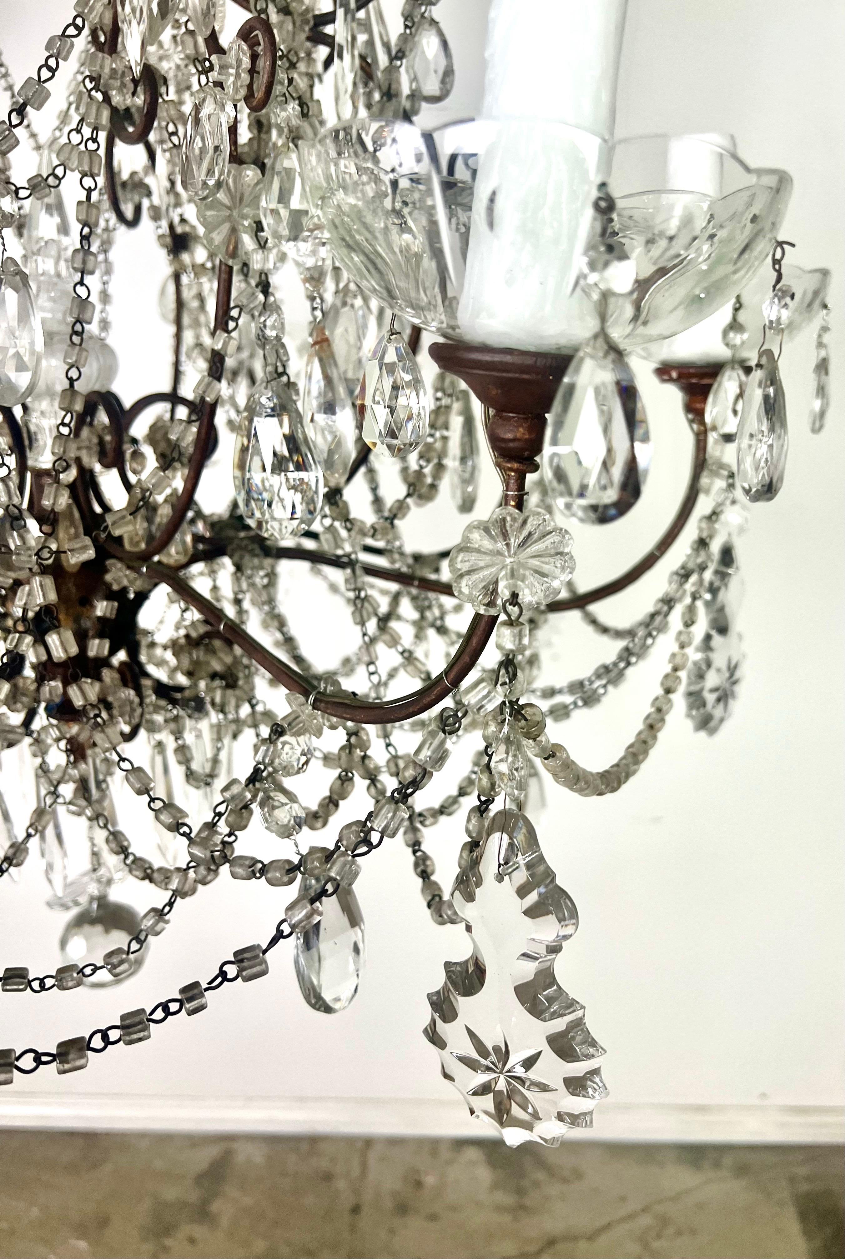 Metal Pair of French Crystal & Beaded Chandeliers C. 1930's For Sale
