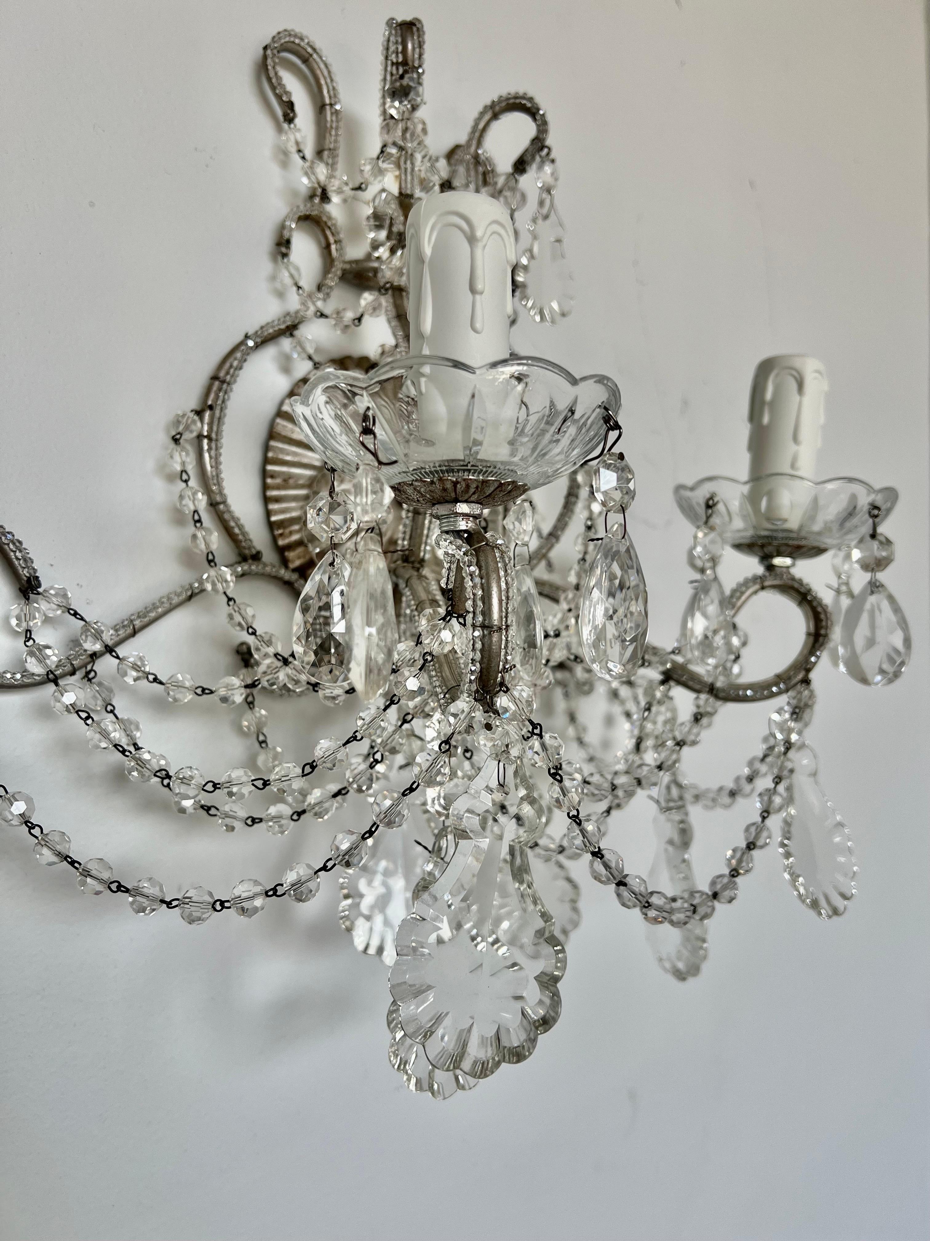 Pair of French Crystal Beaded Two Arm Sconces 3