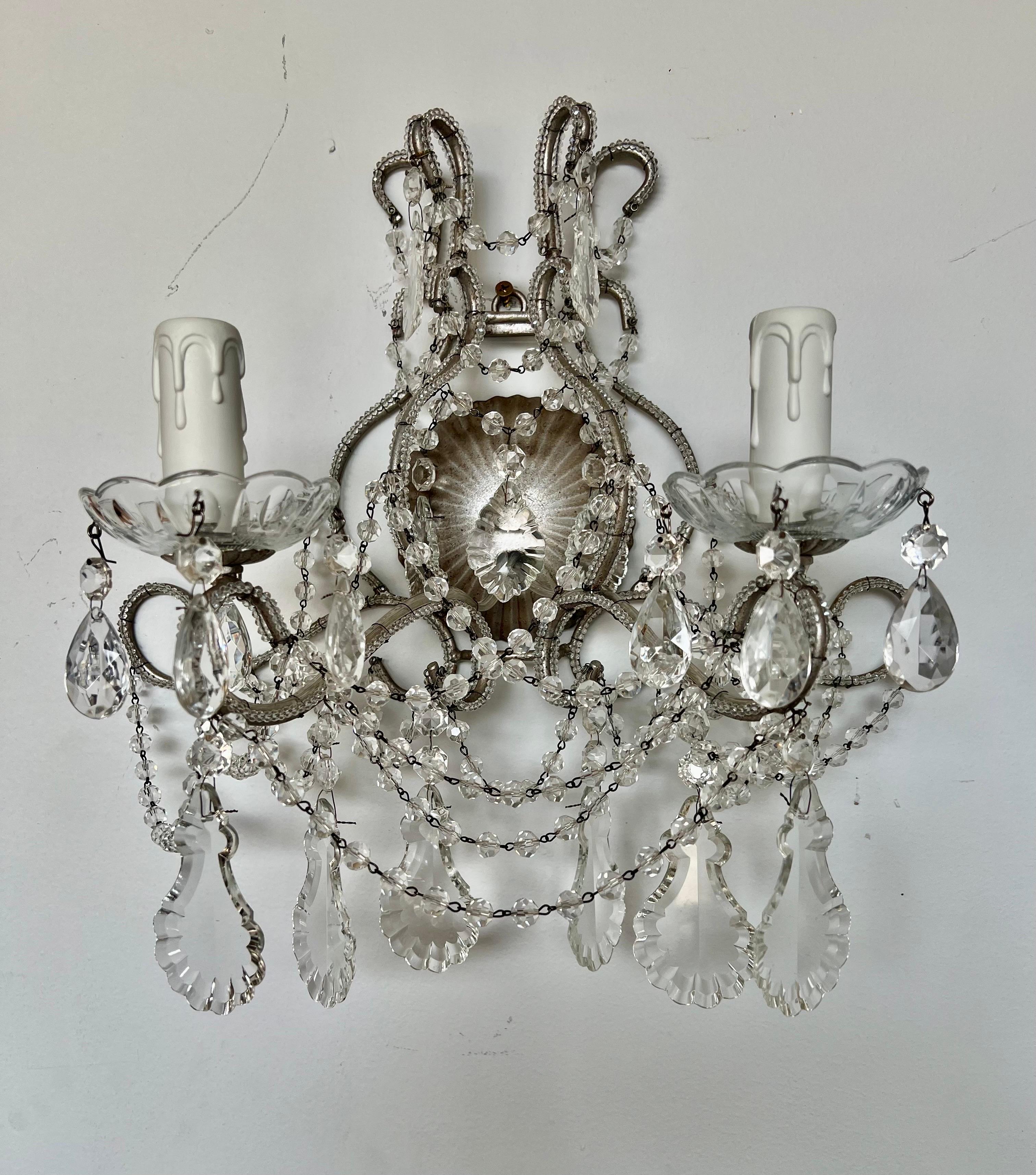 Rococo Pair of French Crystal Beaded Two Arm Sconces