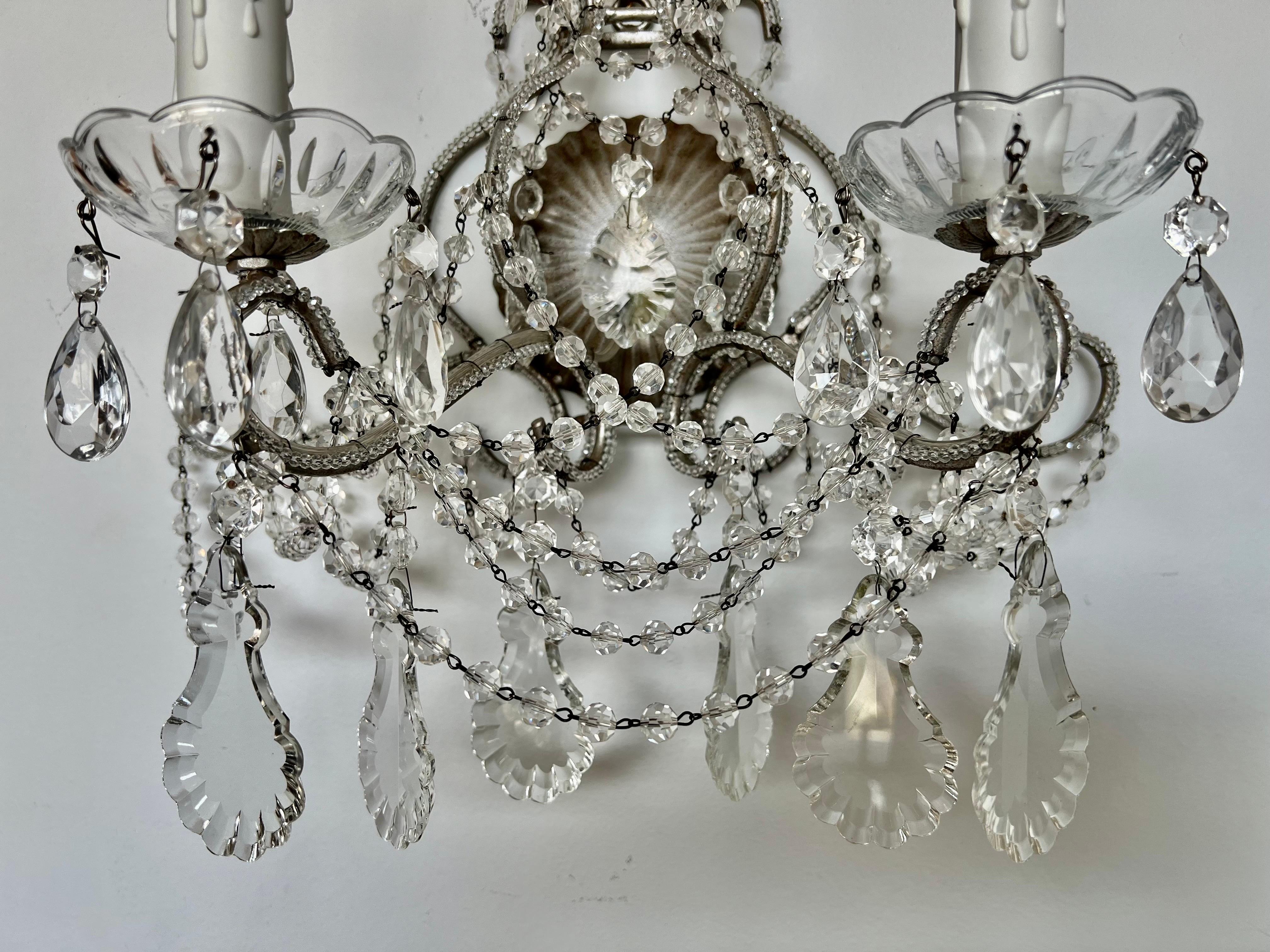 Gilt Pair of French Crystal Beaded Two Arm Sconces