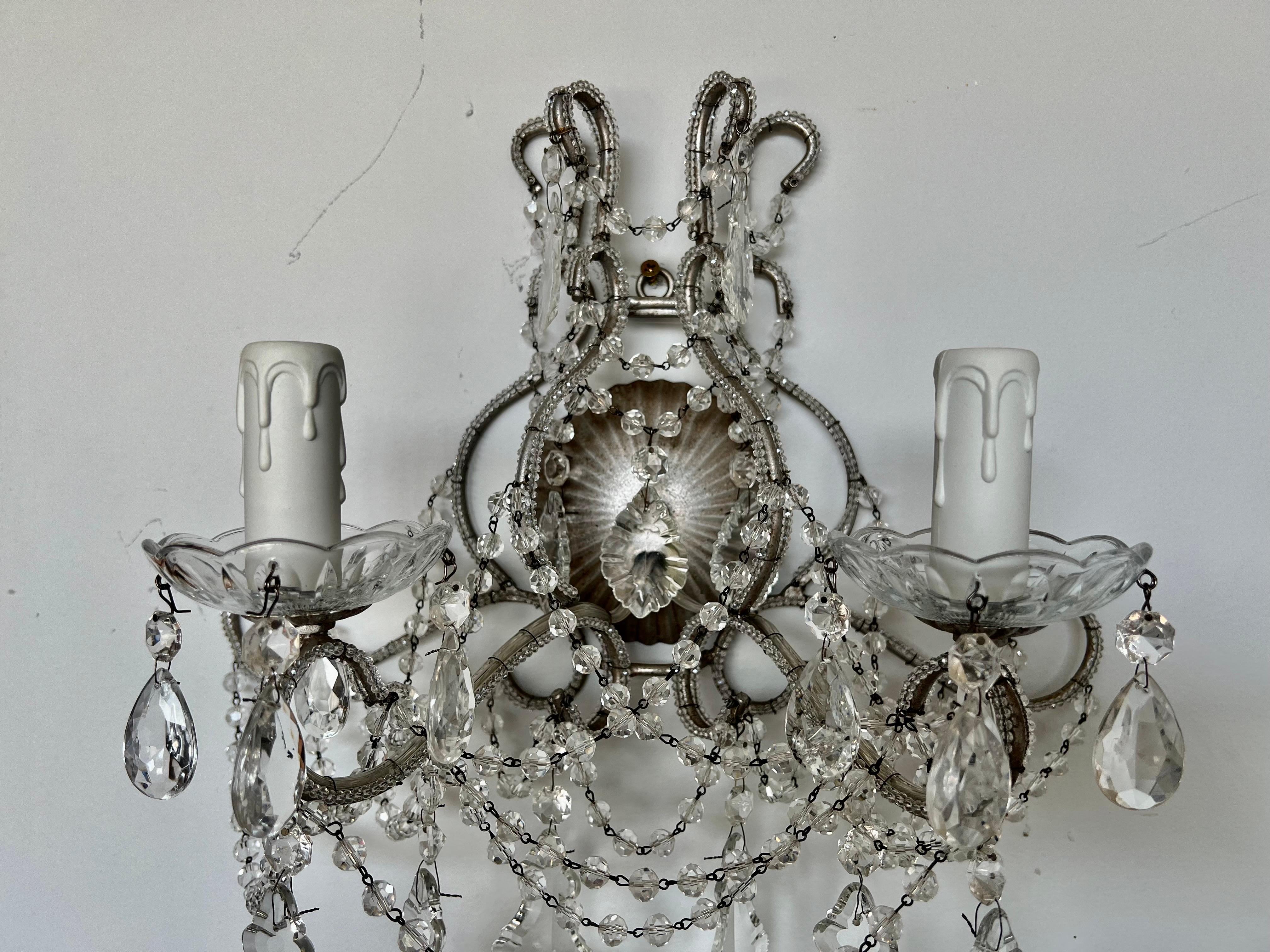 Pair of French Crystal Beaded Two Arm Sconces In Excellent Condition In Los Angeles, CA