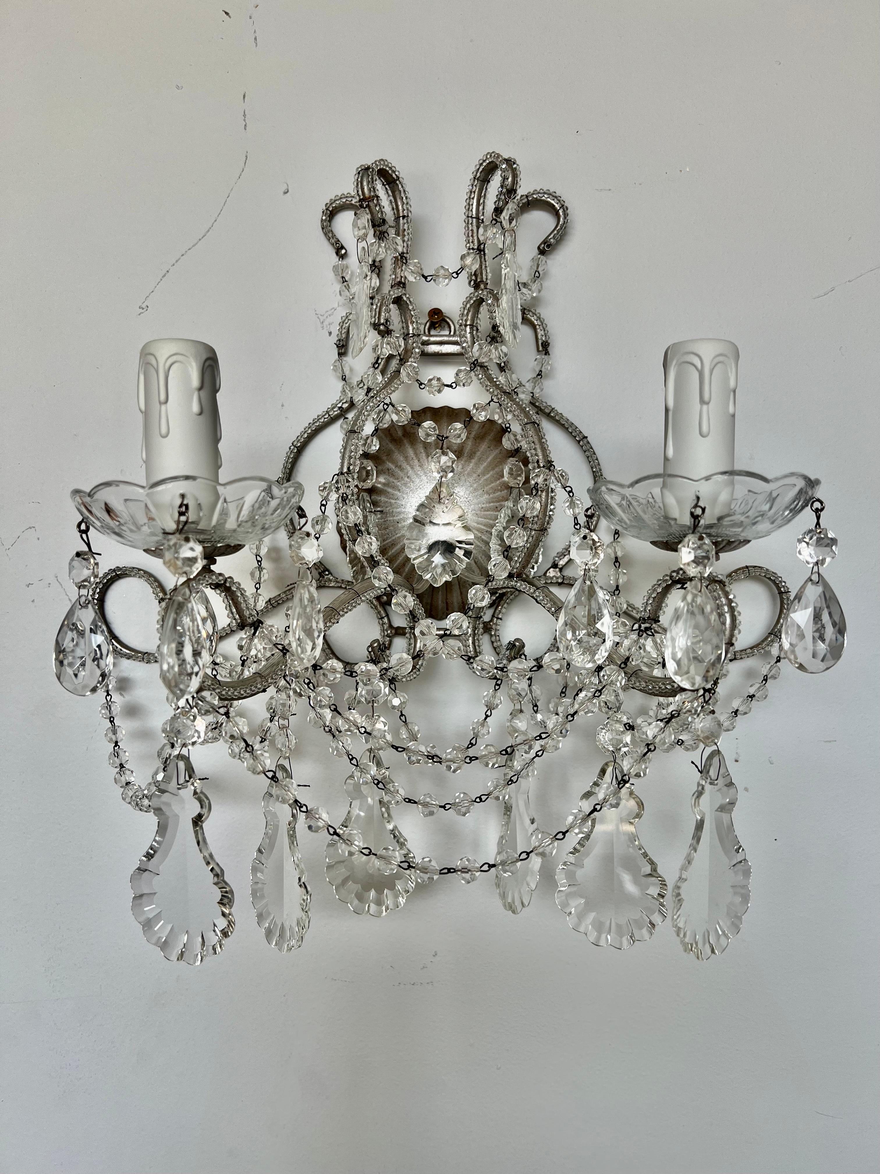 Pair of French Crystal Beaded Two Arm Sconces 1