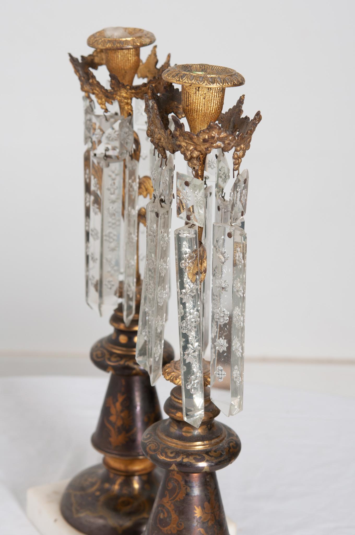 19th Century Pair of French Crystal Candle Holders