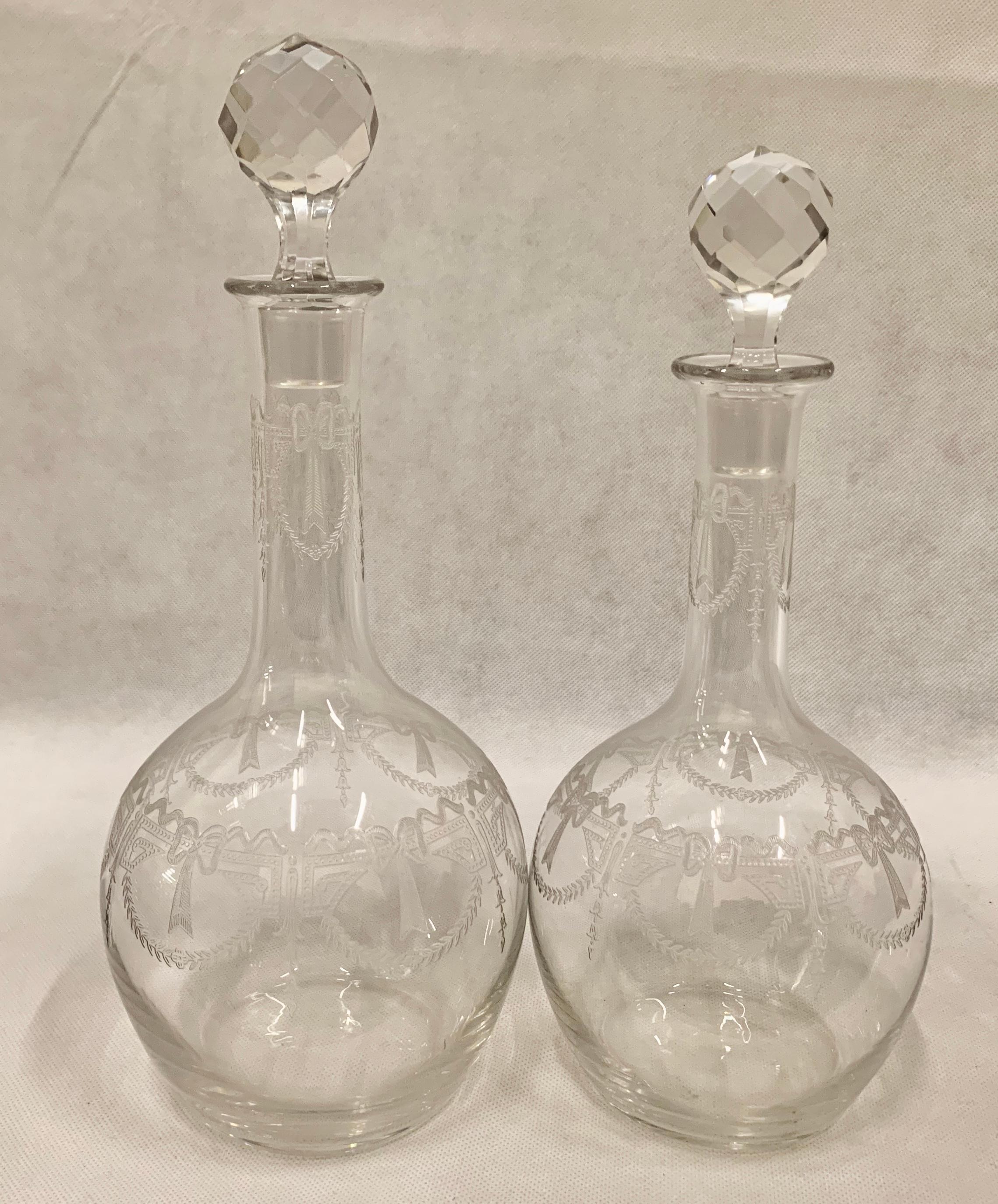Set of Two French Crystal Decanters with Engraved Bodies and Faceted Stoppers 6