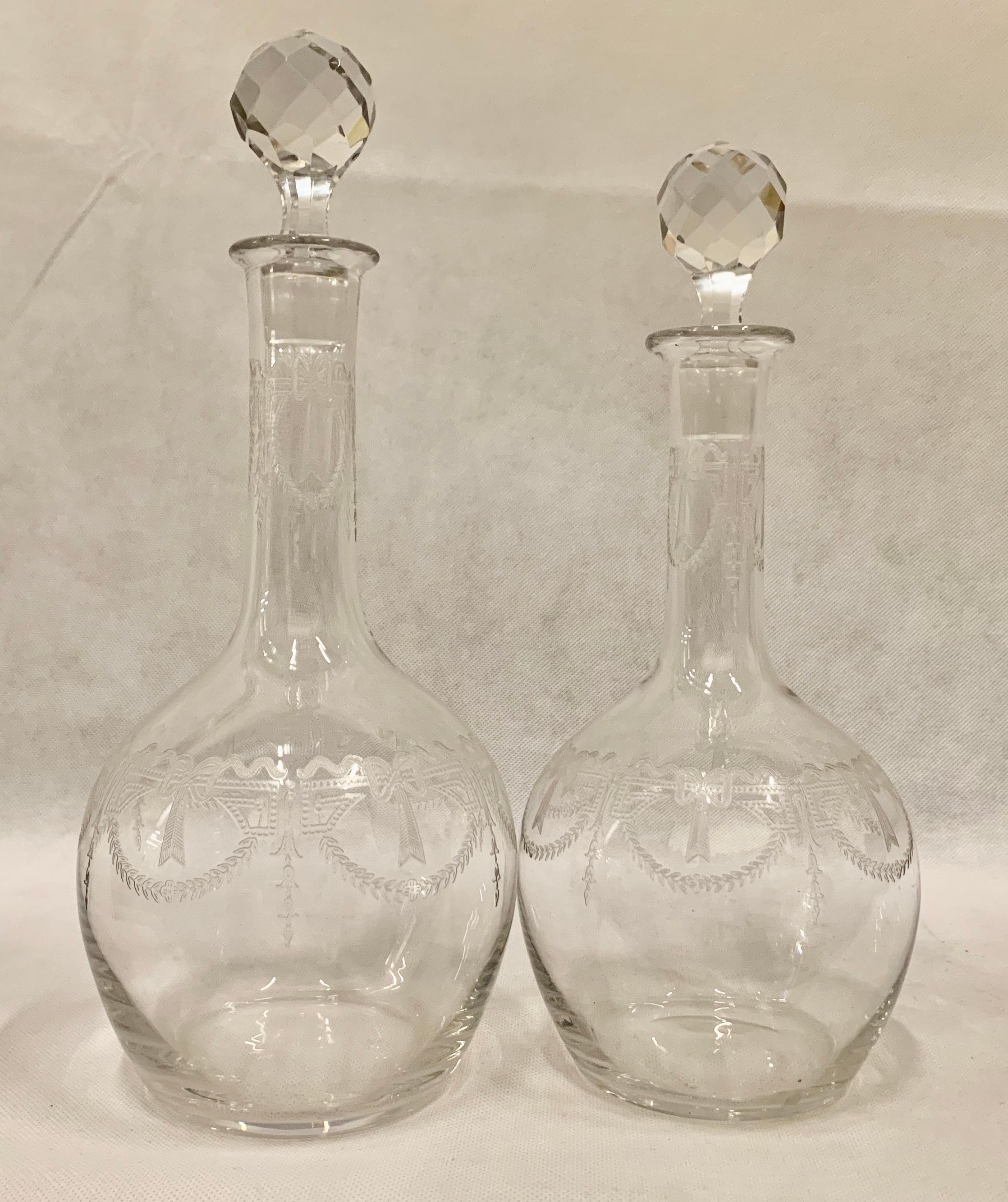 Set of Two French Crystal Decanters with Engraved Bodies and Faceted Stoppers 7