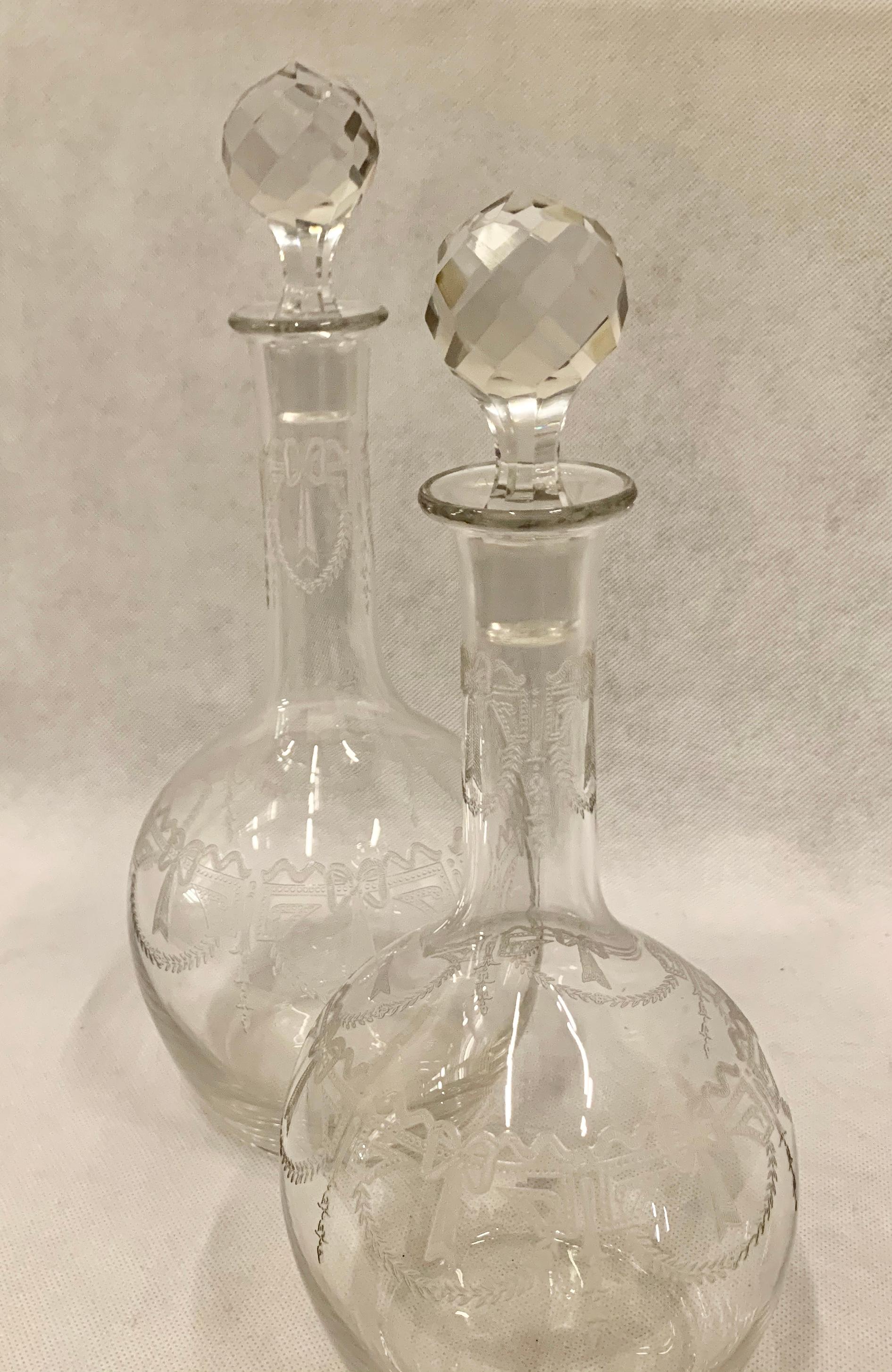 Set of Two French Crystal Decanters with Engraved Bodies and Faceted Stoppers 8