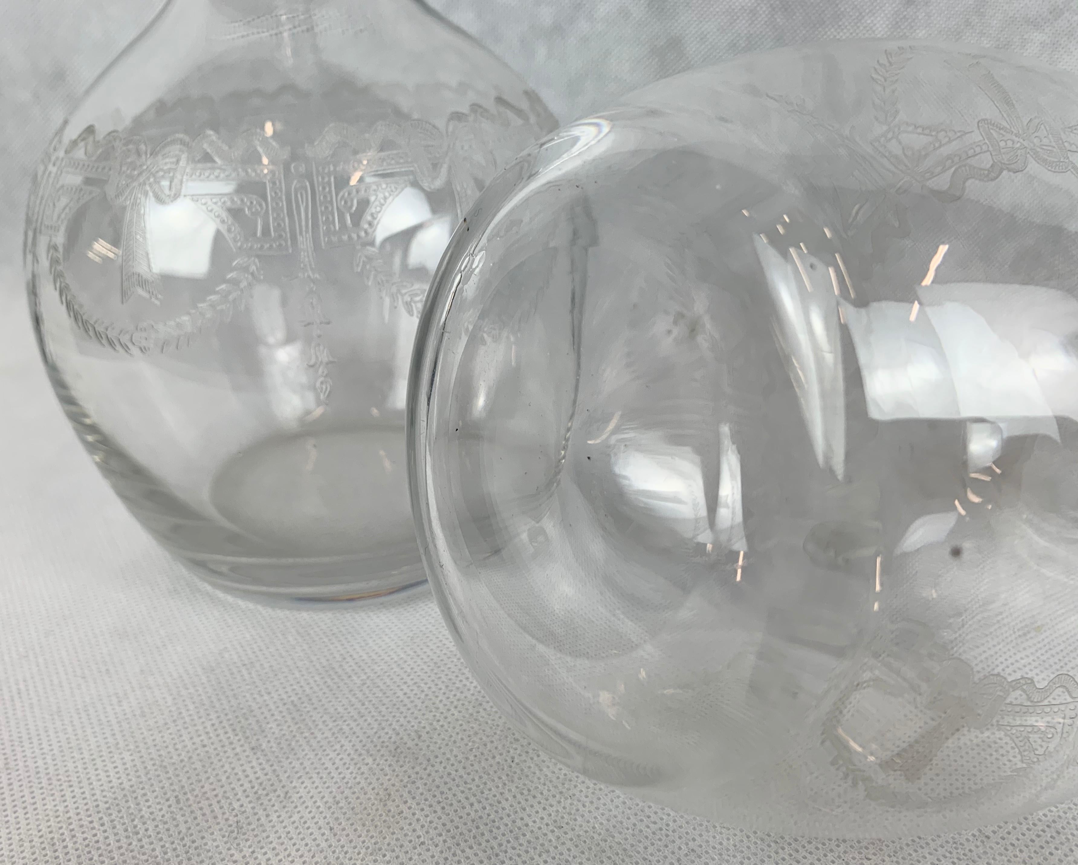 Set of Two French Crystal Decanters with Engraved Bodies and Faceted Stoppers 1