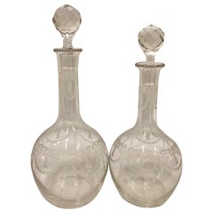 Antique Set of Two French Crystal Decanters with Engraved Bodies and Faceted Stoppers