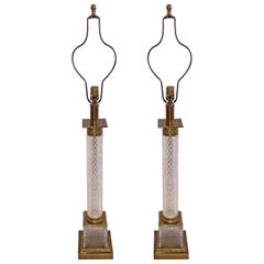 Pair of French Crystal Diamond Cut-Glass Bronze Ormolu Large Column Lamps