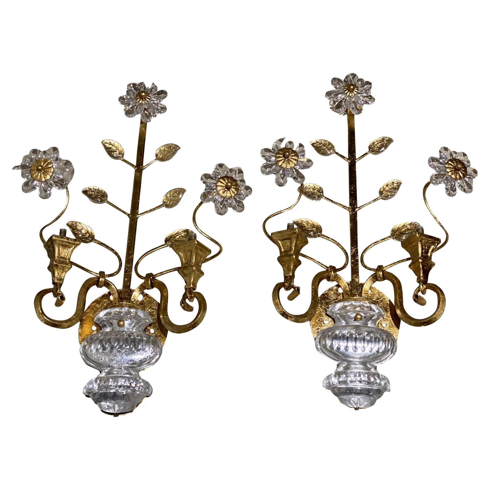 Pair of French Crystal Floral Gilt Metal Sconces, Circa 1930s