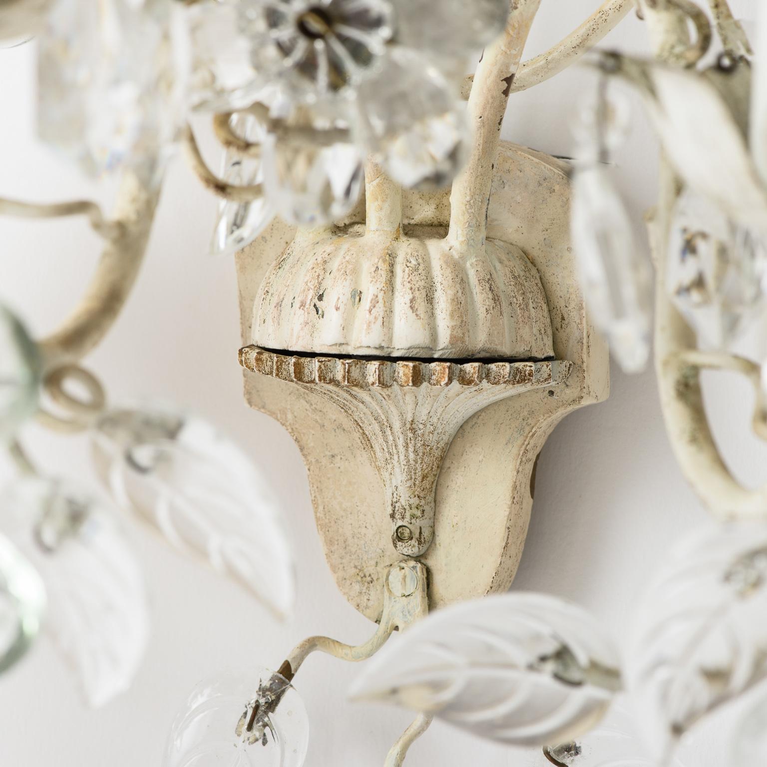 Pair of French Crystal Flowers Sconces, circa 1940 For Sale 2
