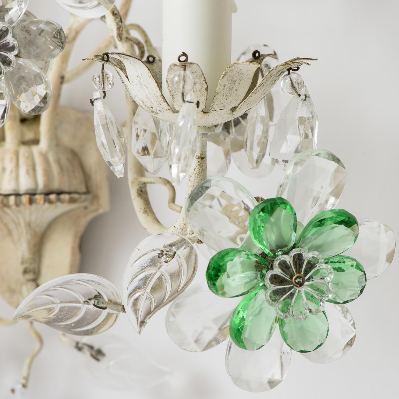 Pair of French Crystal Flowers Sconces, circa 1940 For Sale 3