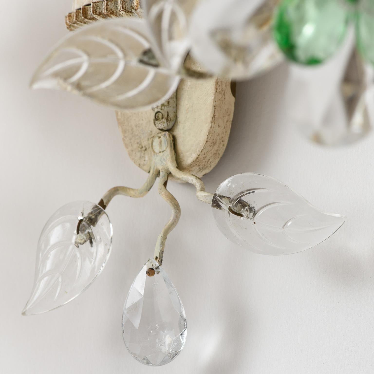 Pair of French Crystal Flowers Sconces, circa 1940 For Sale 4