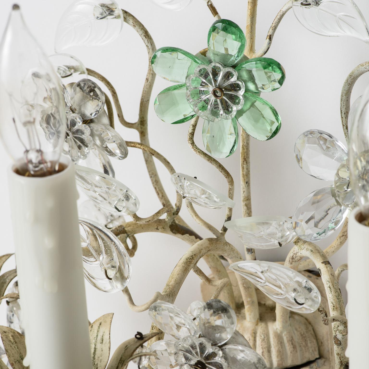 Pair of French Crystal Flowers Sconces, circa 1940 For Sale 5