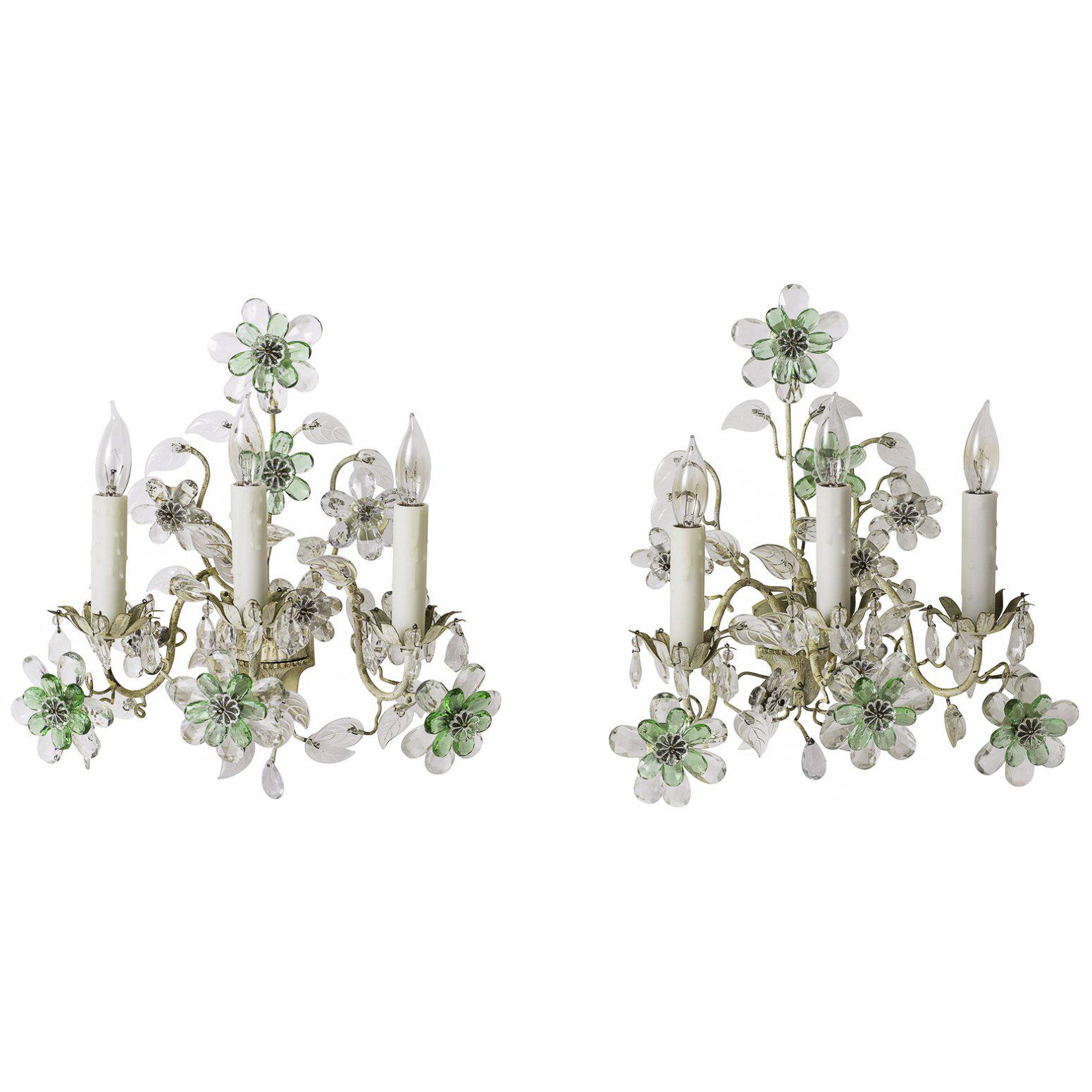 Pair of French Crystal Flowers Sconces, circa 1940 For Sale