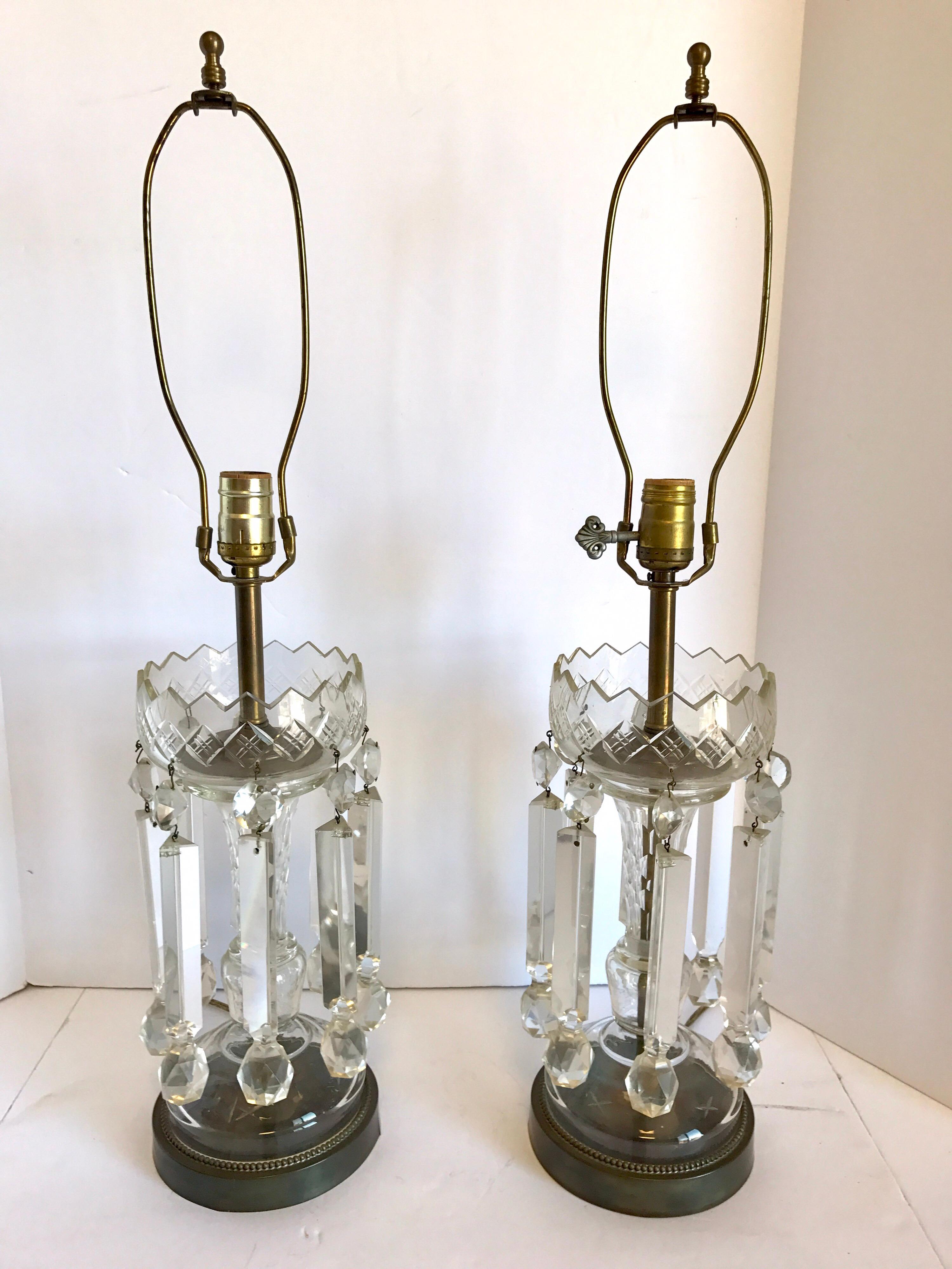 Pair of French Crystal Girandole Table Lamps with Red Shades 2