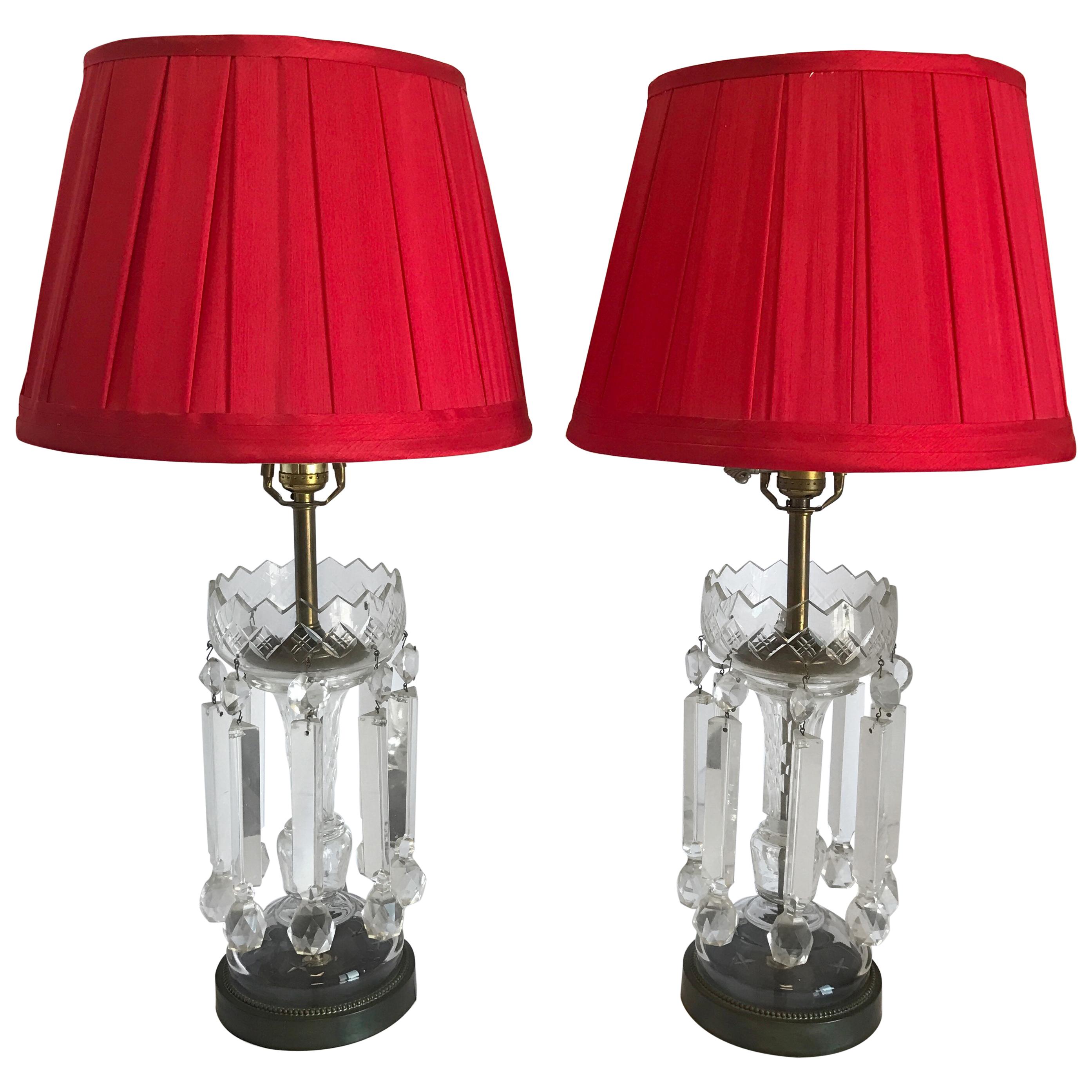 Pair of French Crystal Girandole Table Lamps with Red Shades