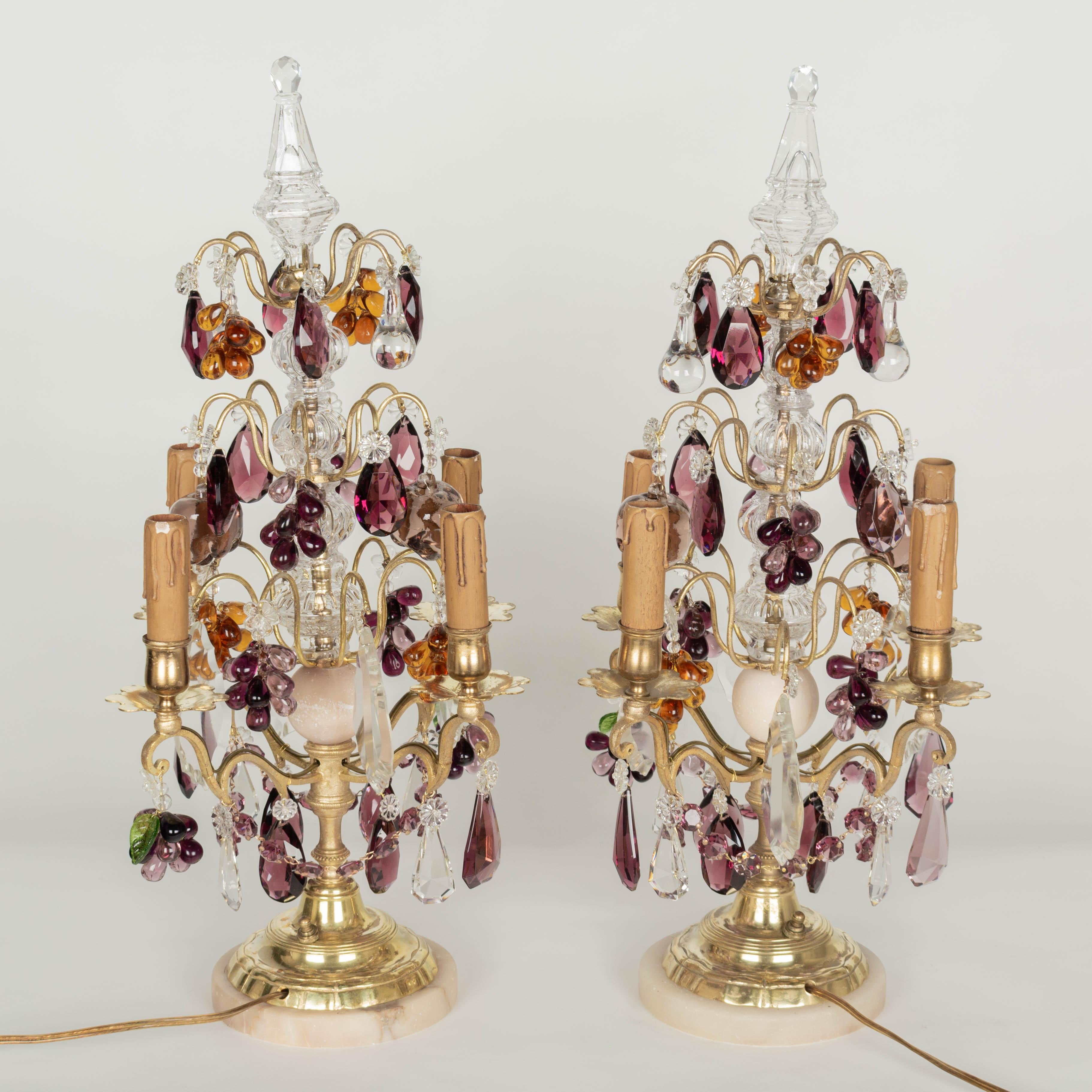 Cast Pair of French Crystal Girandoles with Grape Clusters For Sale