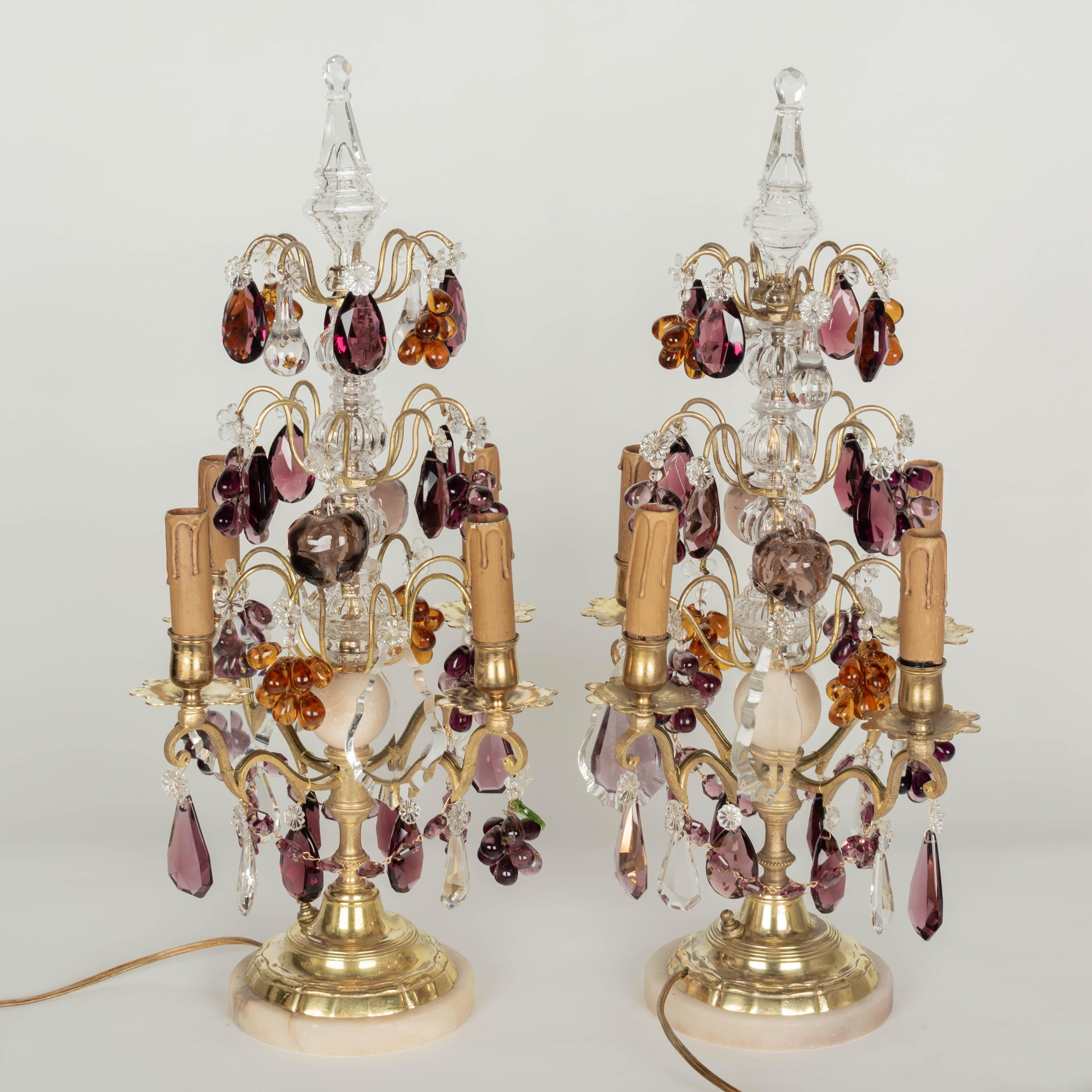 Pair of French Crystal Girandoles with Grape Clusters In Good Condition For Sale In Winter Park, FL