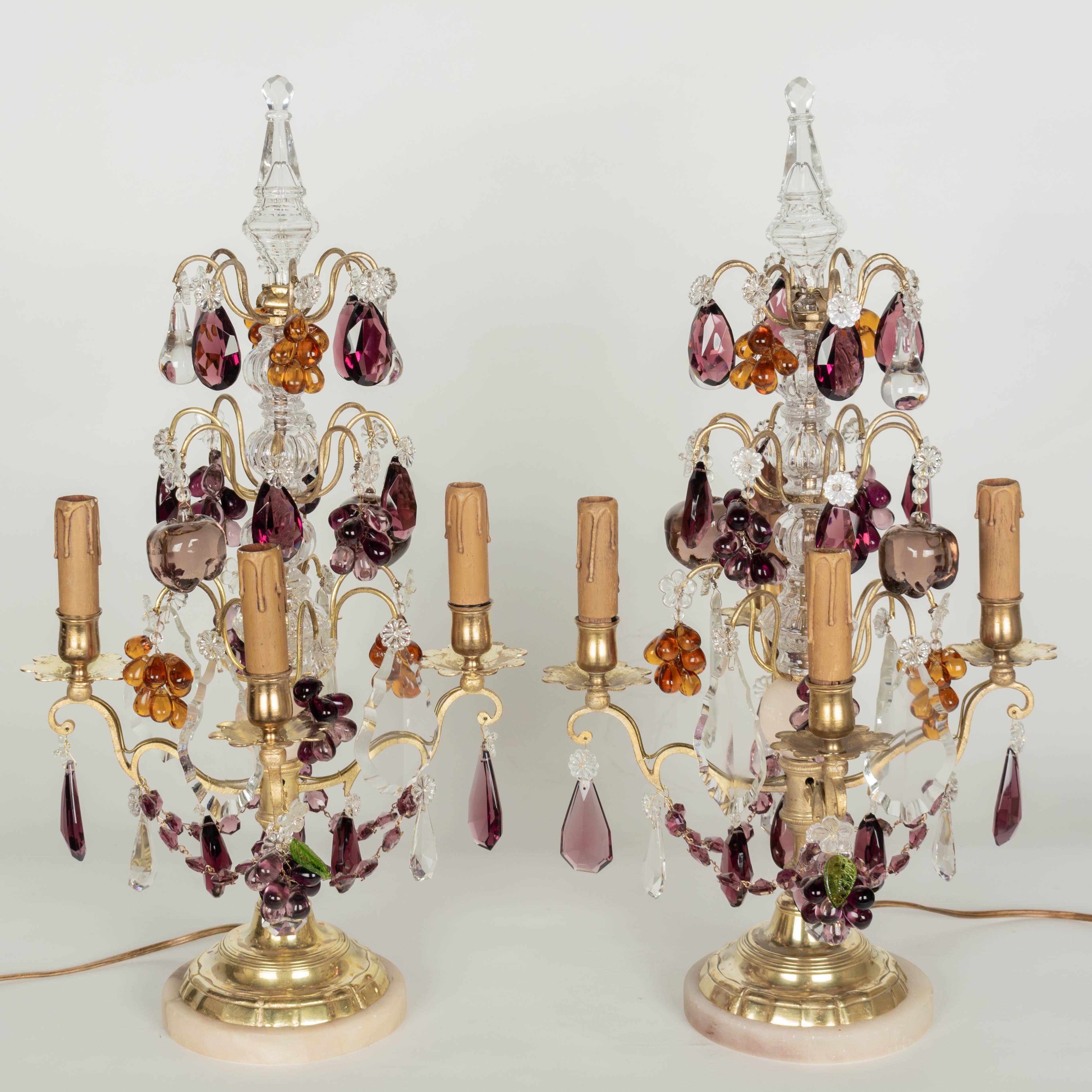 20th Century Pair of French Crystal Girandoles with Grape Clusters For Sale