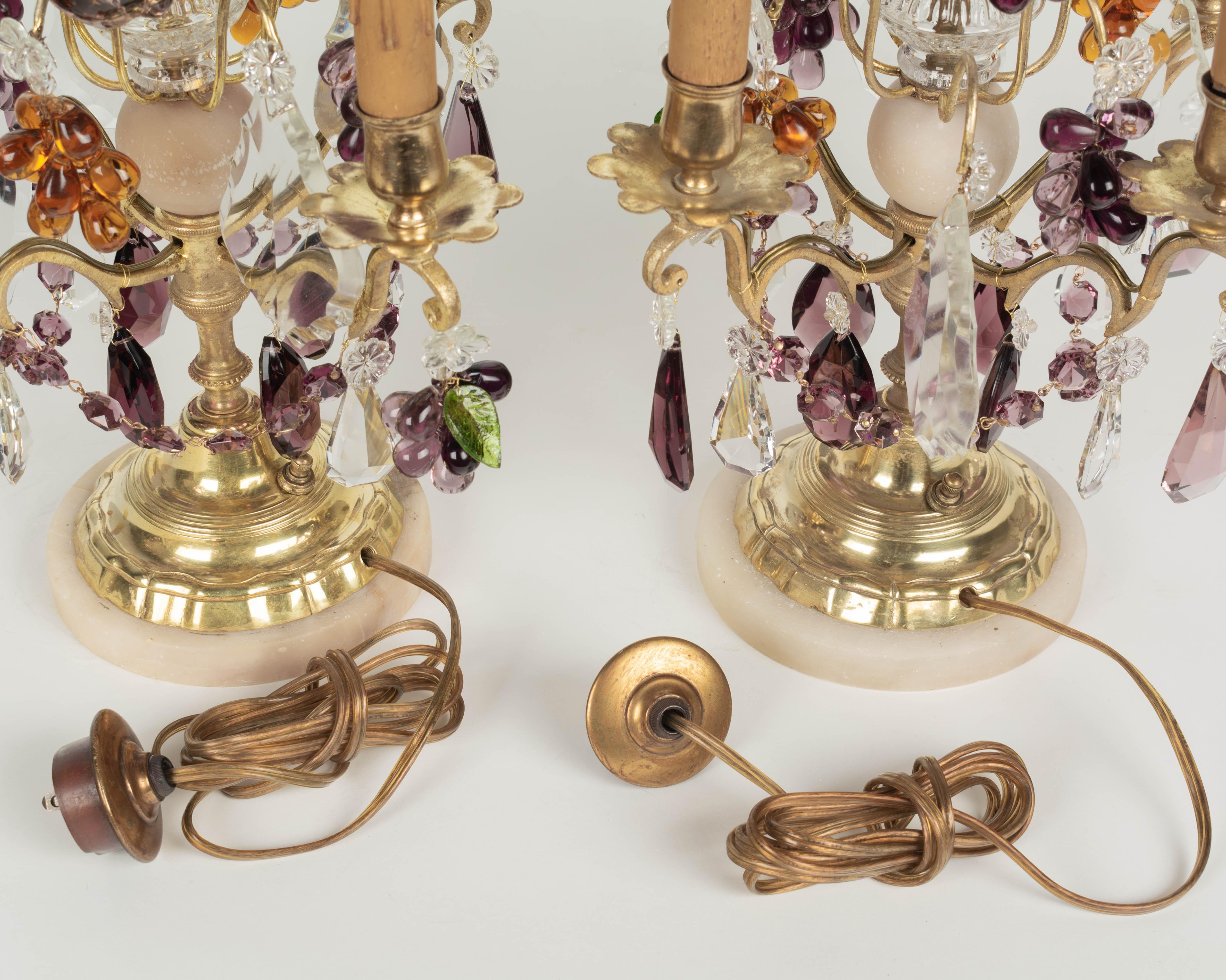 Brass Pair of French Crystal Girandoles with Grape Clusters For Sale