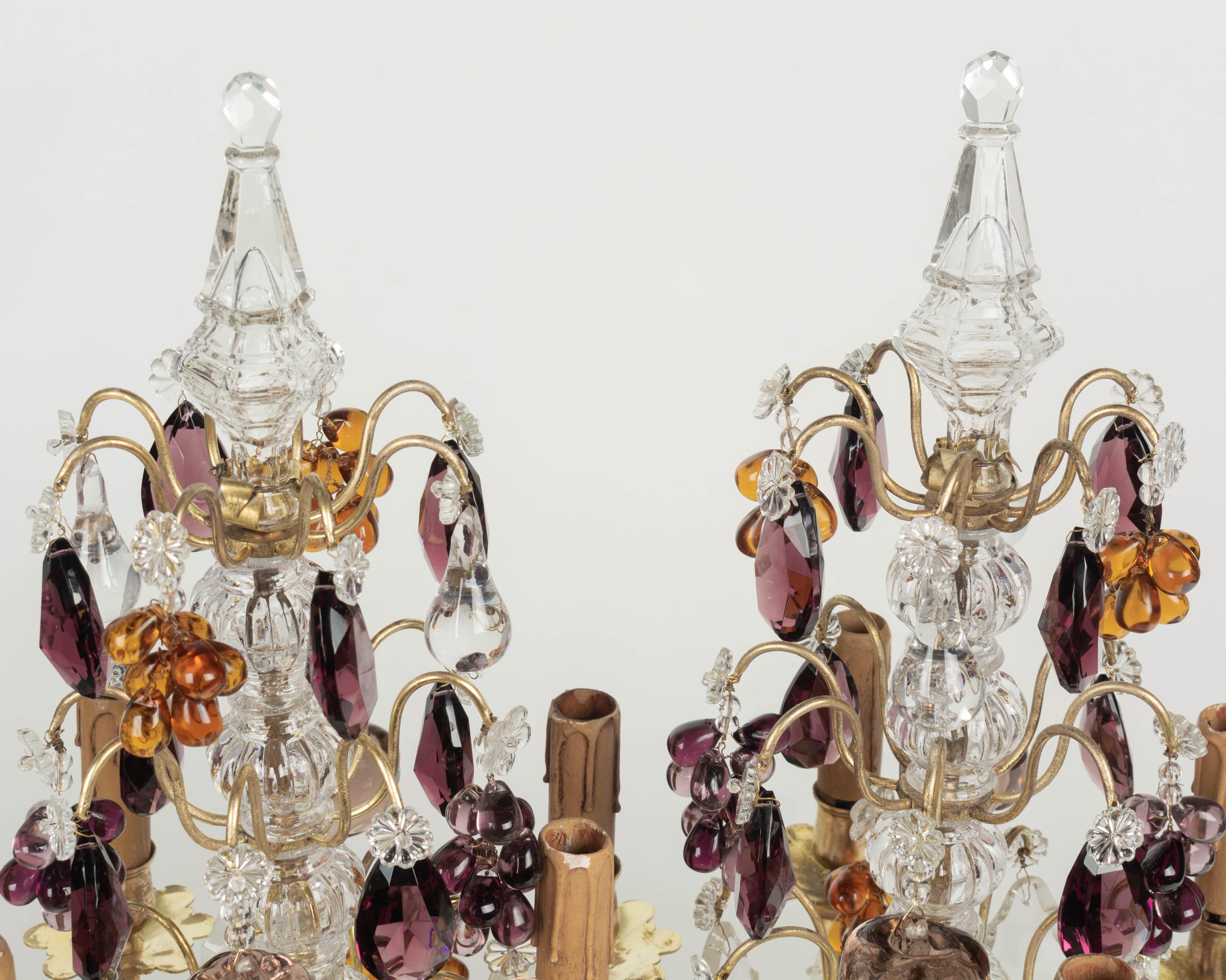 Pair of French Crystal Girandoles with Grape Clusters For Sale 1