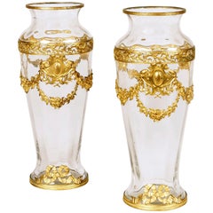 Pair of French Crystal Glass and Gilt Bronze Vases Attributed to Baccarat
