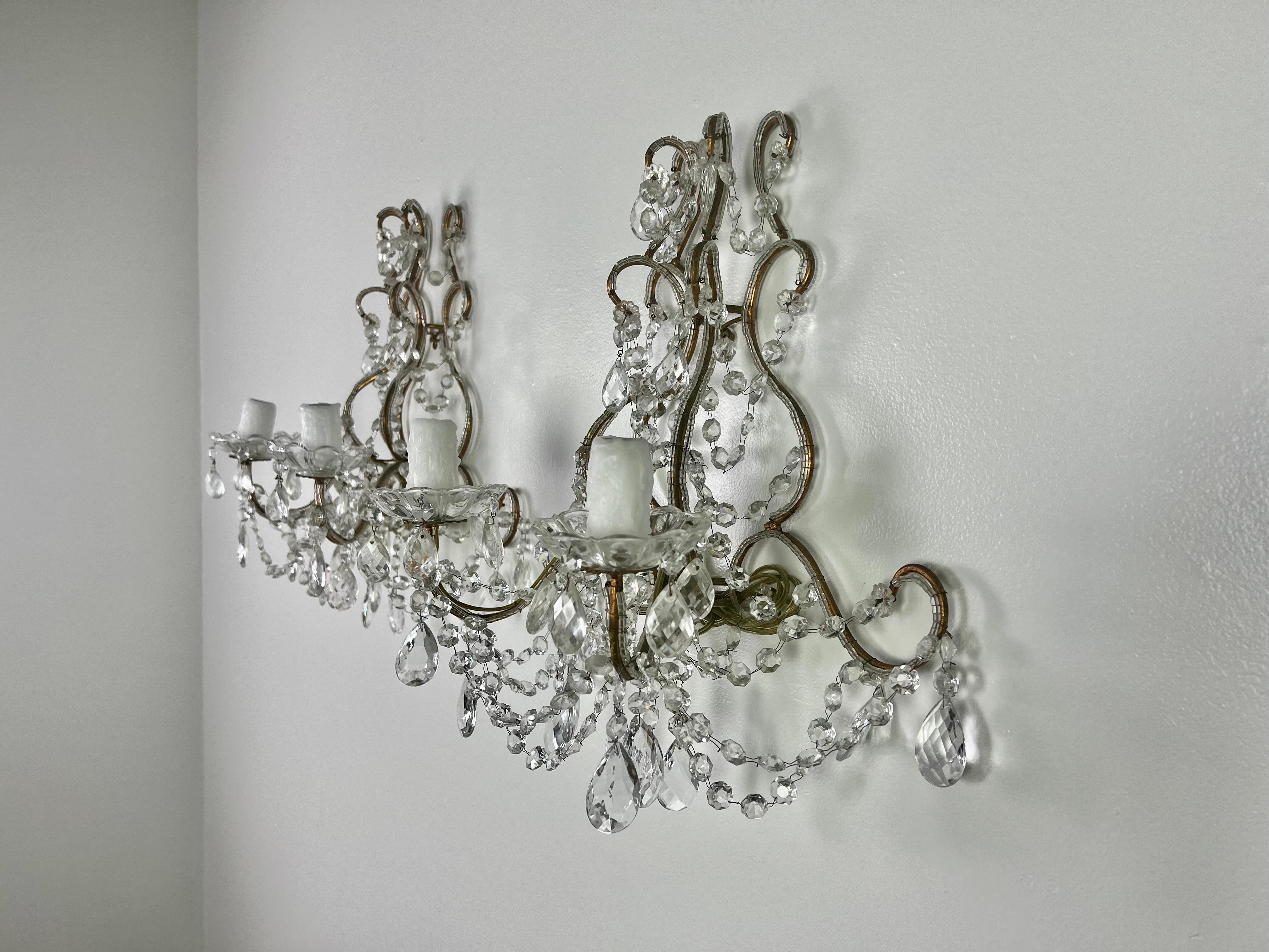 Rococo Pair of French Crystal Sconces, circa 1930s
