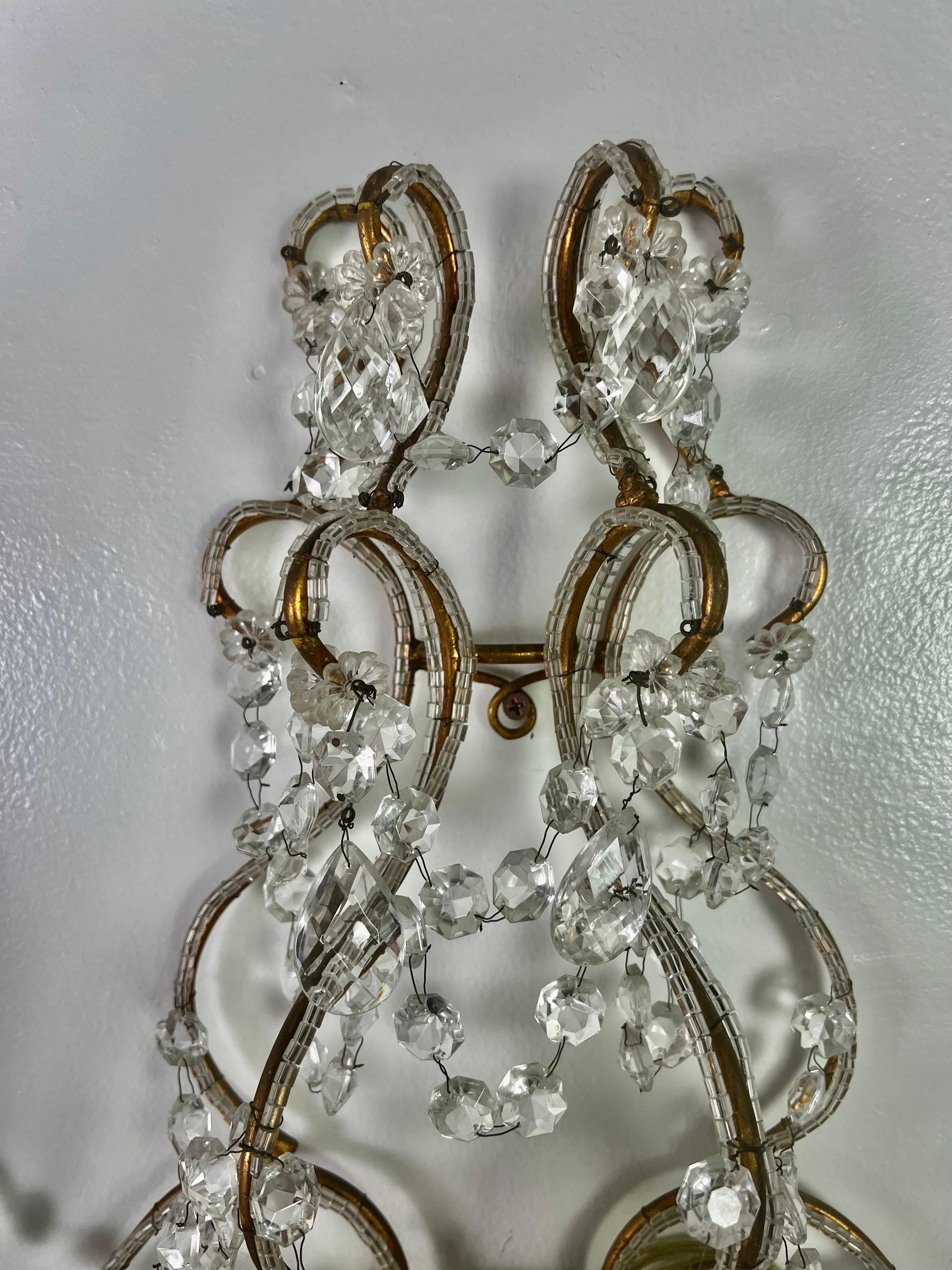 Pair of French Crystal Sconces, circa 1930s In Good Condition In Los Angeles, CA