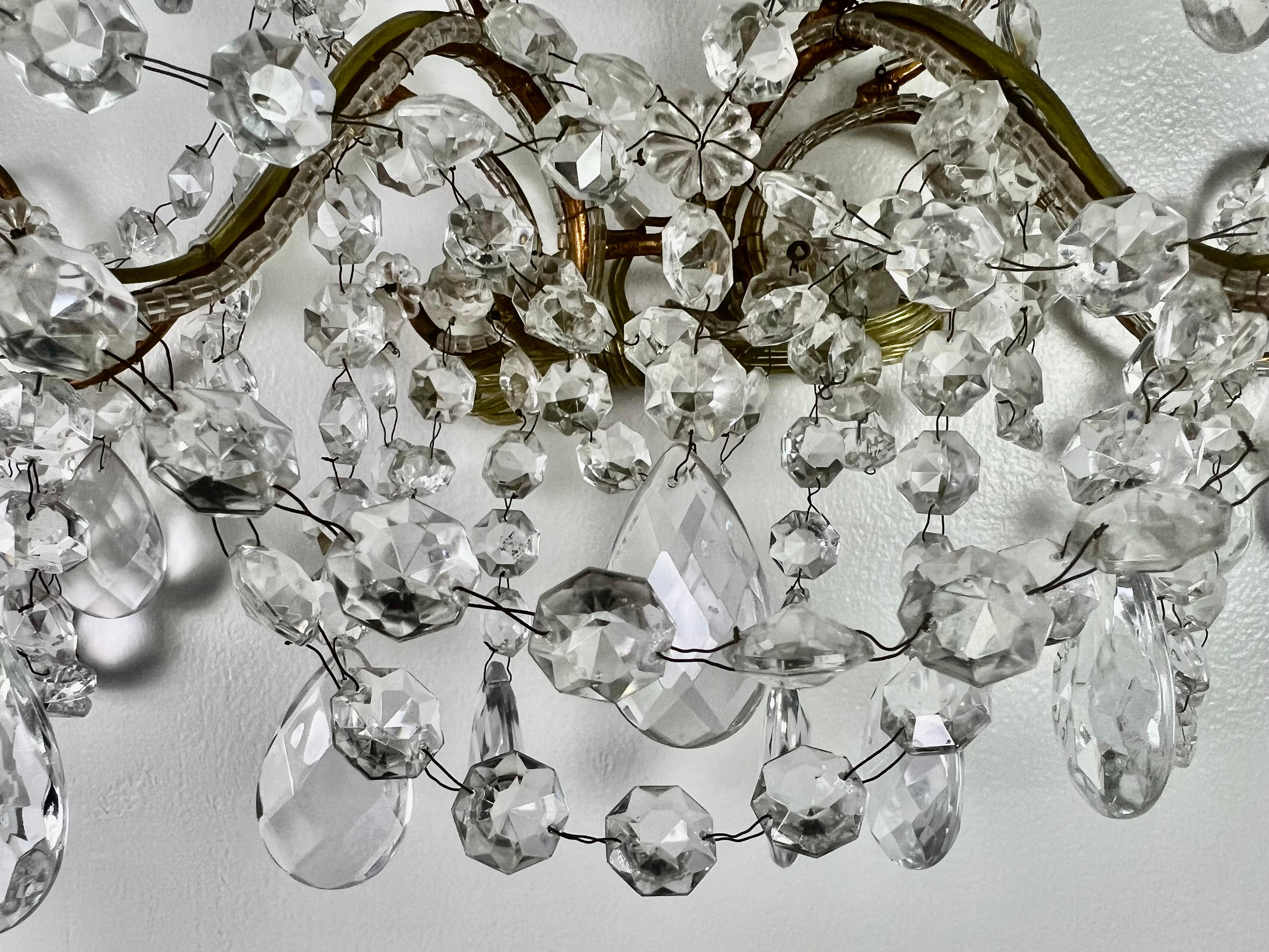 Metal Pair of French Crystal Sconces, circa 1930s
