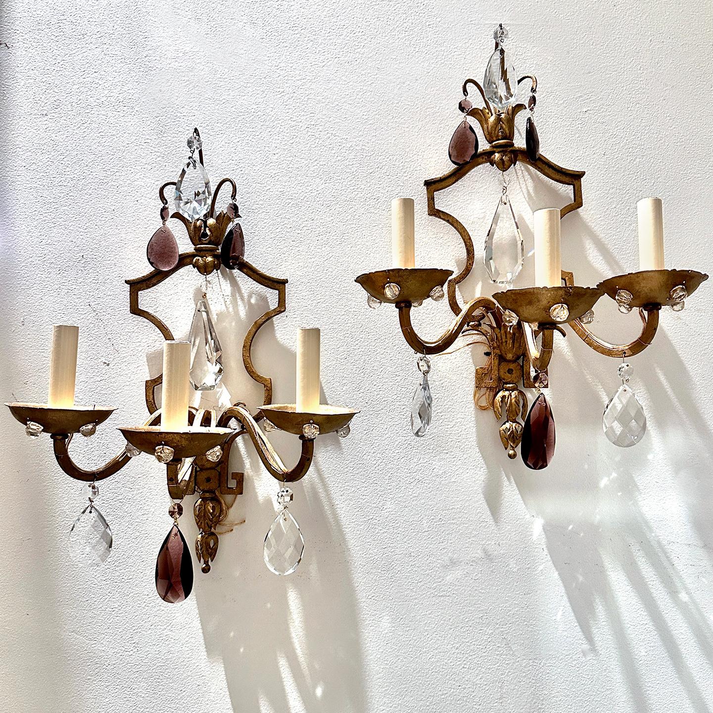 Metal Pair of French Crystal Sconces For Sale