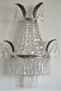 Pair of French Crystal two-Light Wall Sconces with Silvered Bronze Frame