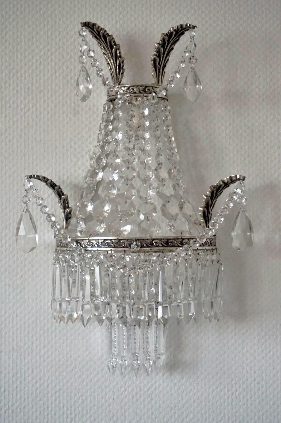 Art Deco Pair of French Crystal two-Light Wall Sconces with Silvered Bronze Frame For Sale