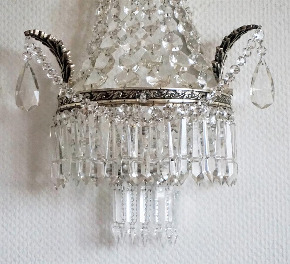 Pair of French Crystal two-Light Wall Sconces with Silvered Bronze Frame In Good Condition For Sale In Frankfurt am Main, DE