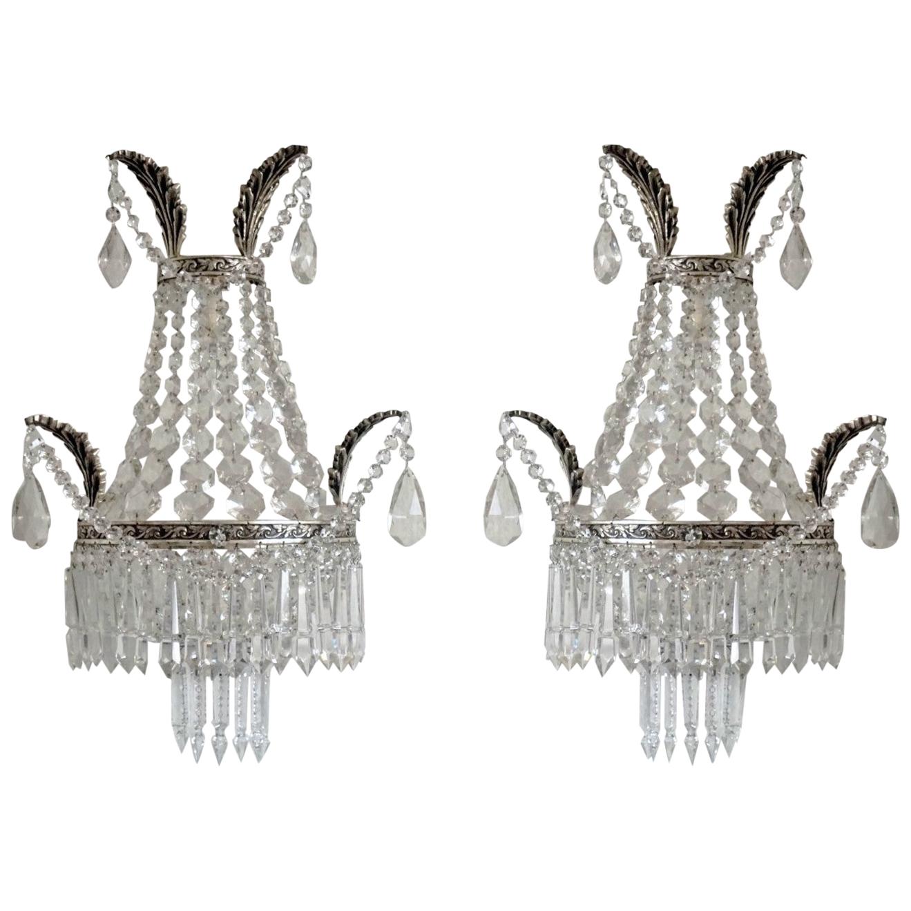Pair of French Crystal two-Light Wall Sconces with Silvered Bronze Frame