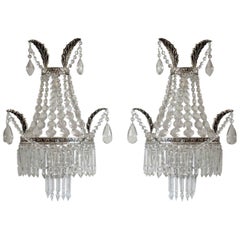 Pair of French Crystal two-Light Wall Sconces with Silvered Bronze Frame