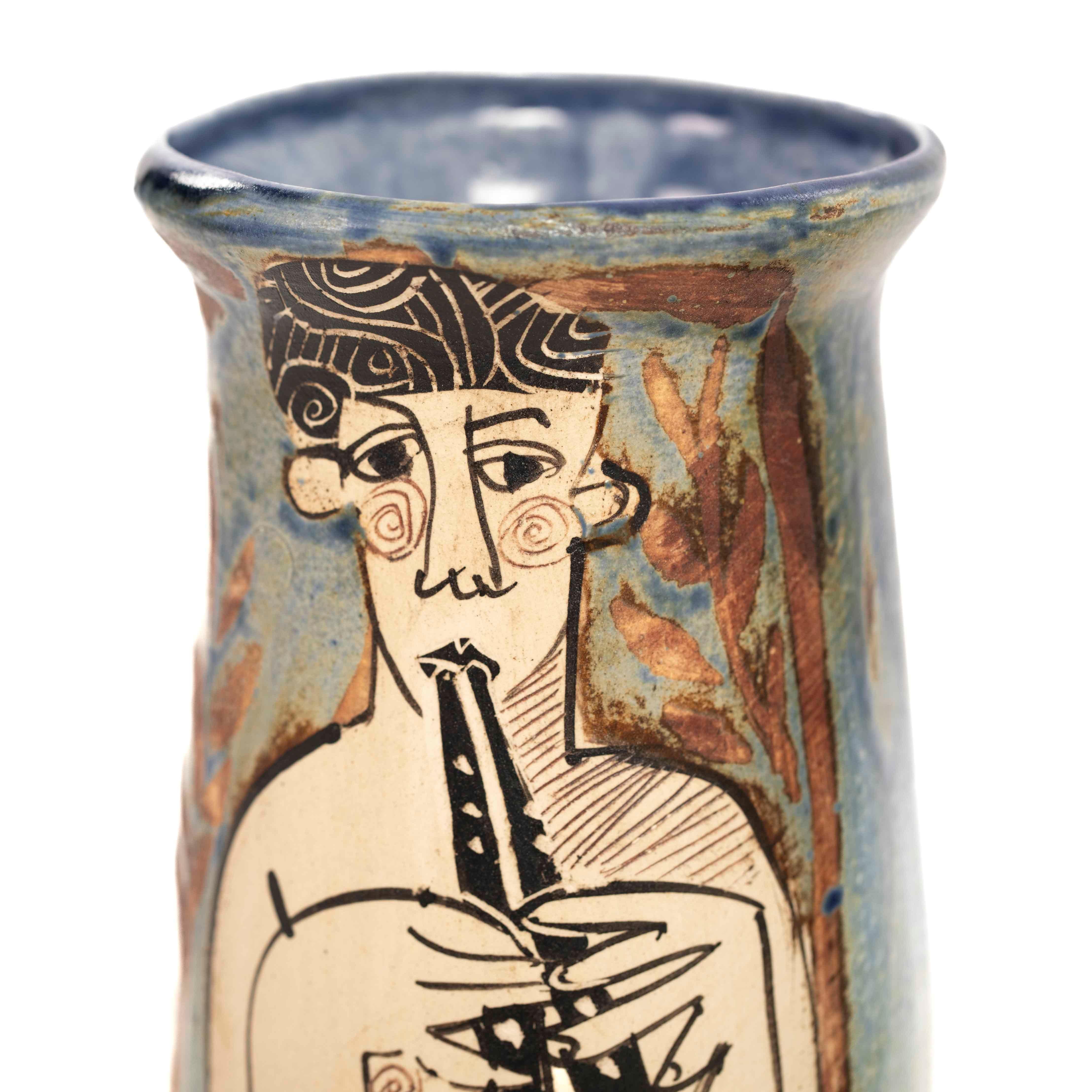 Pair of French Cubist-Inspired Ceramic Vases Depicting Women Playing Music 1940s For Sale 5