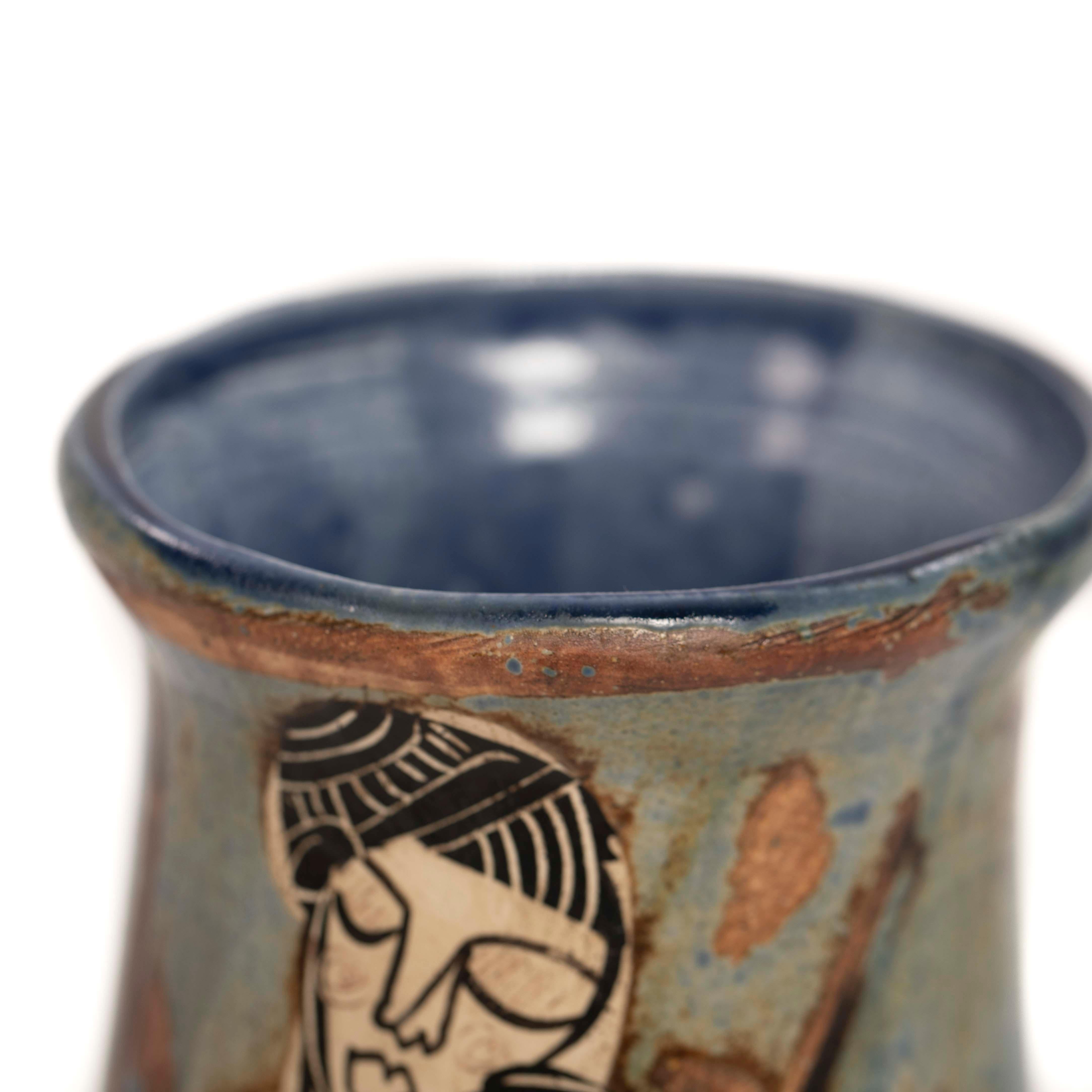 Pair of French Cubist-Inspired Ceramic Vases Depicting Women Playing Music 1940s For Sale 9