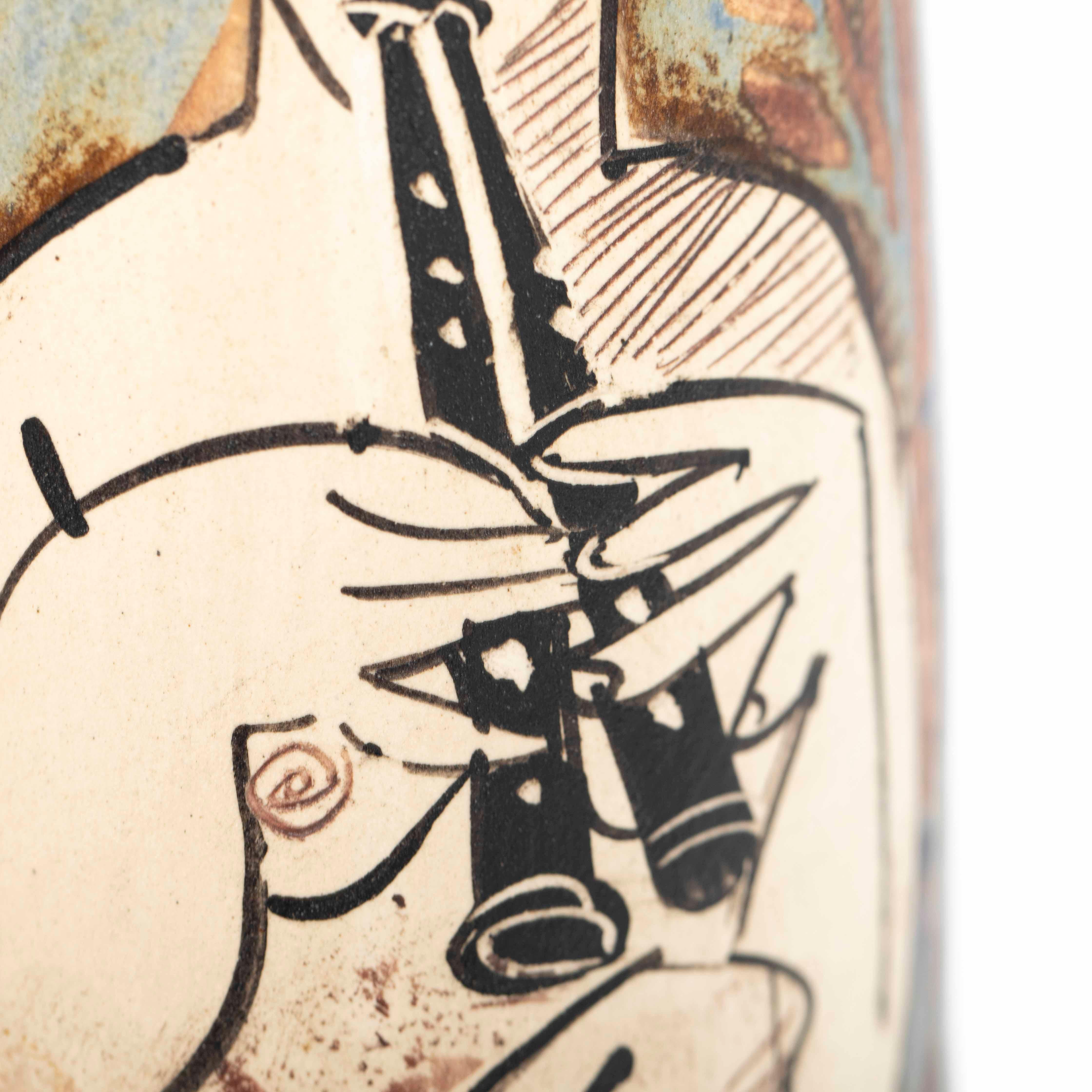 Pair of French Cubist-Inspired Ceramic Vases Depicting Women Playing Music 1940s For Sale 10