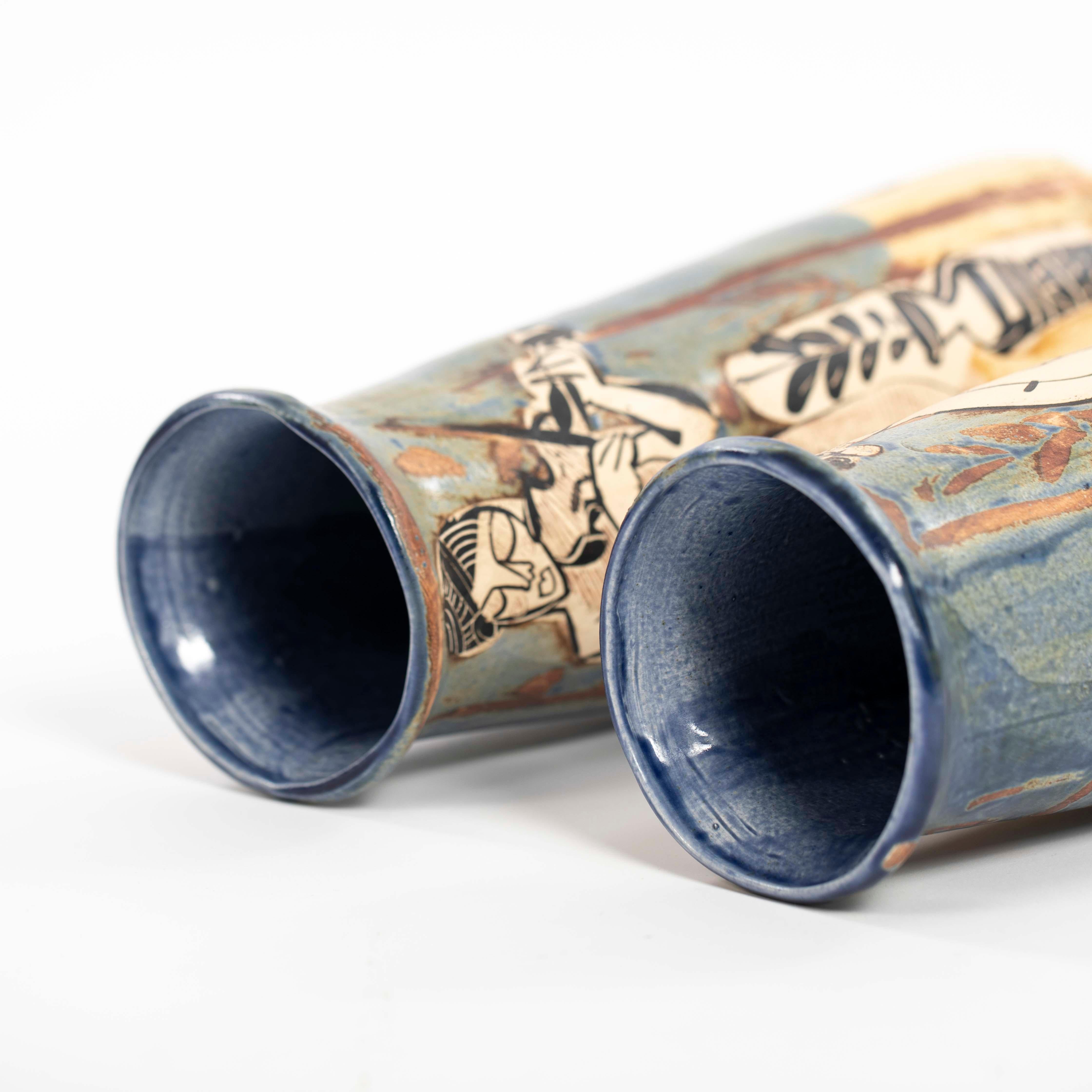 Pair of French Cubist-Inspired Ceramic Vases Depicting Women Playing Music 1940s For Sale 12