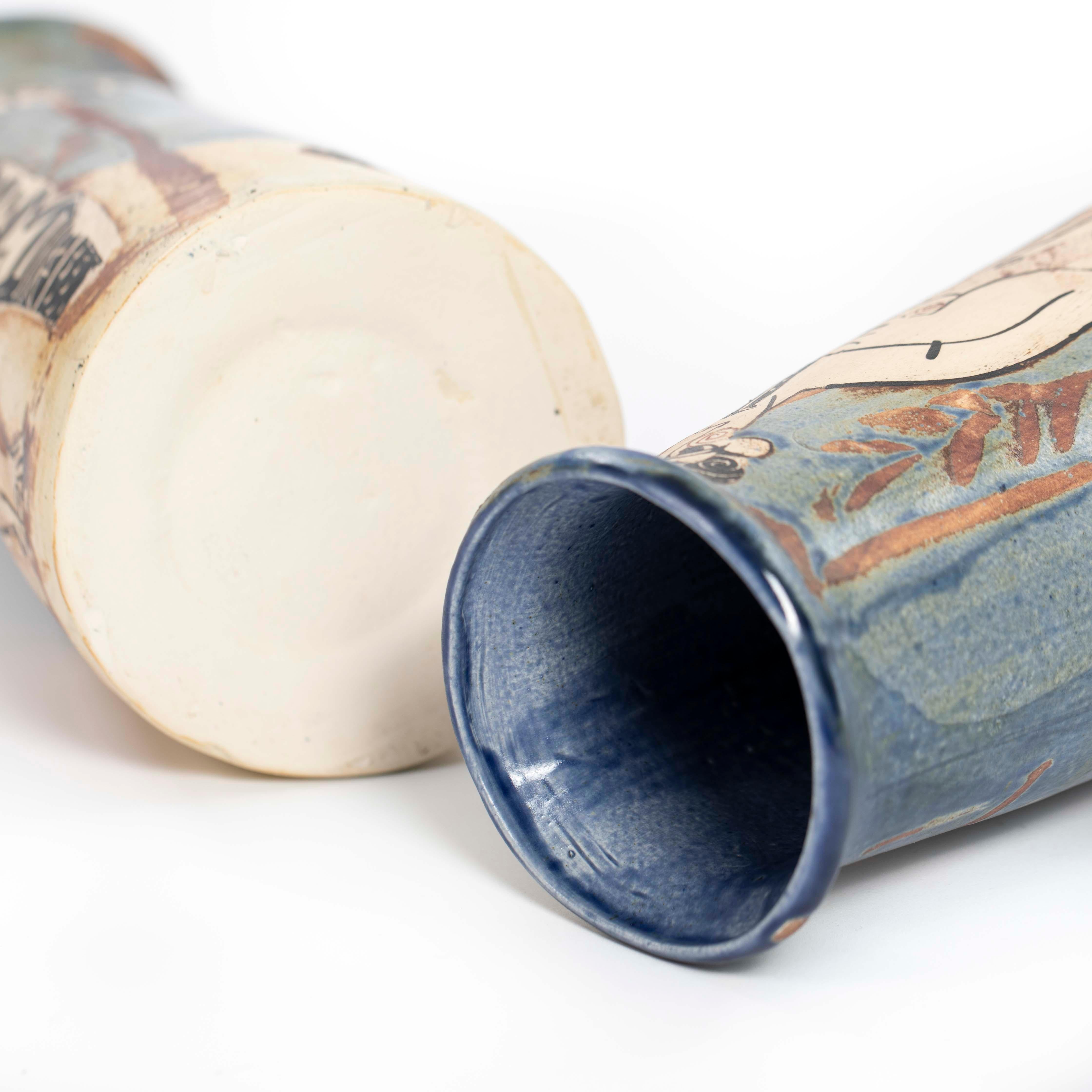 Pair of French Cubist-Inspired Ceramic Vases Depicting Women Playing Music 1940s For Sale 13