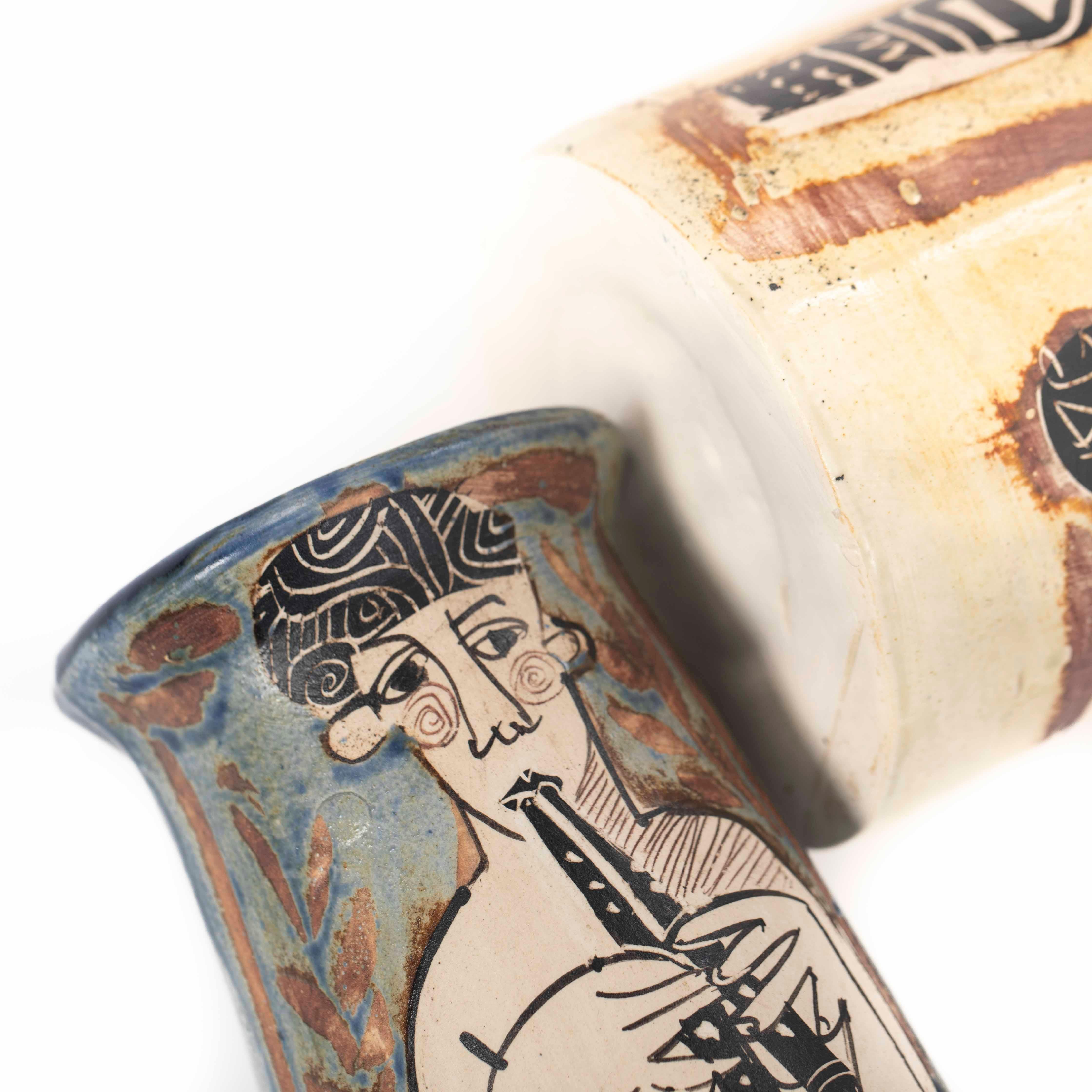 Pair of French Cubist-Inspired Ceramic Vases Depicting Women Playing Music 1940s For Sale 14