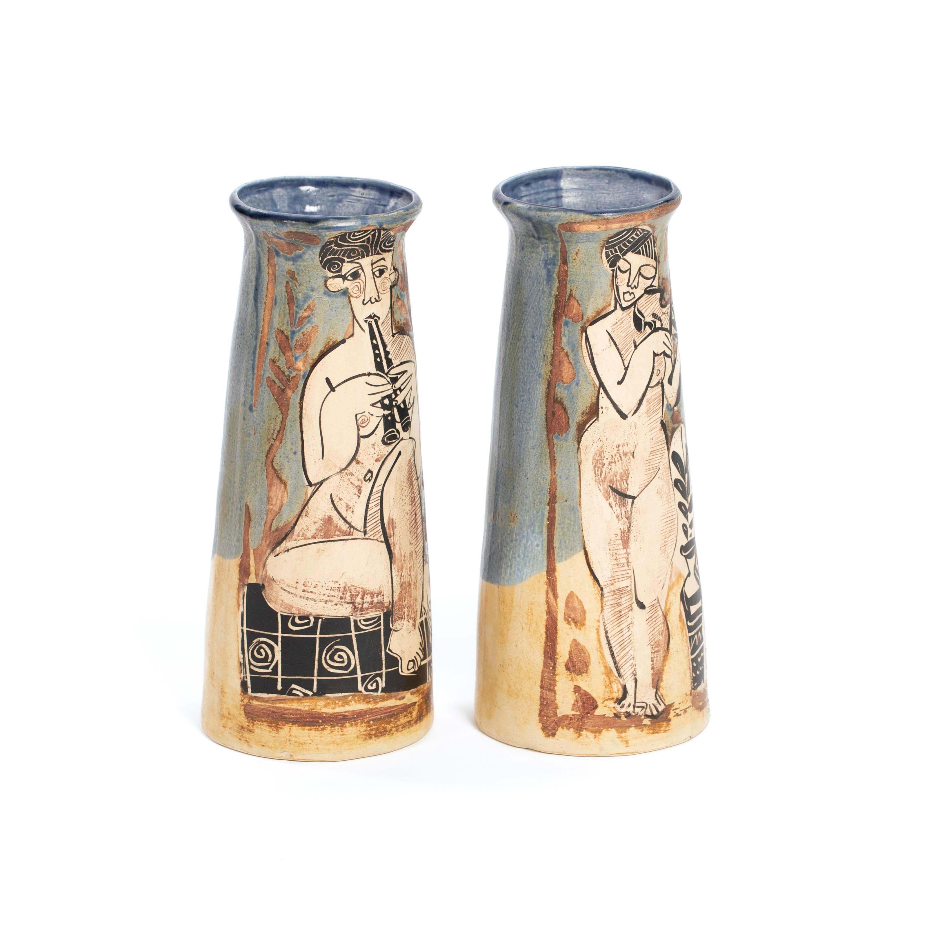 Mid-20th Century Pair of French Cubist-Inspired Ceramic Vases Depicting Women Playing Music 1940s For Sale