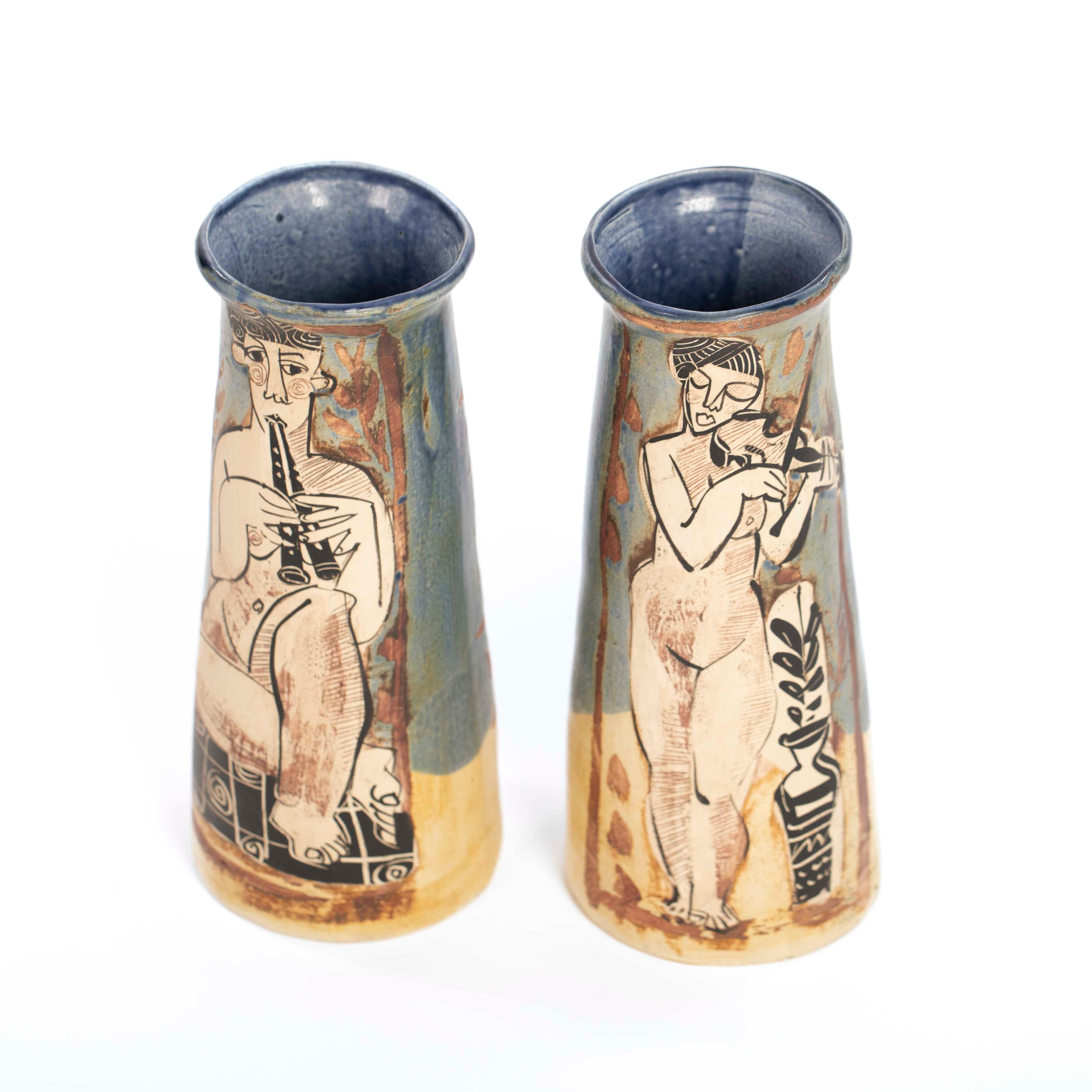 Pair of French Cubist-Inspired Ceramic Vases Depicting Women Playing Music 1940s For Sale 1