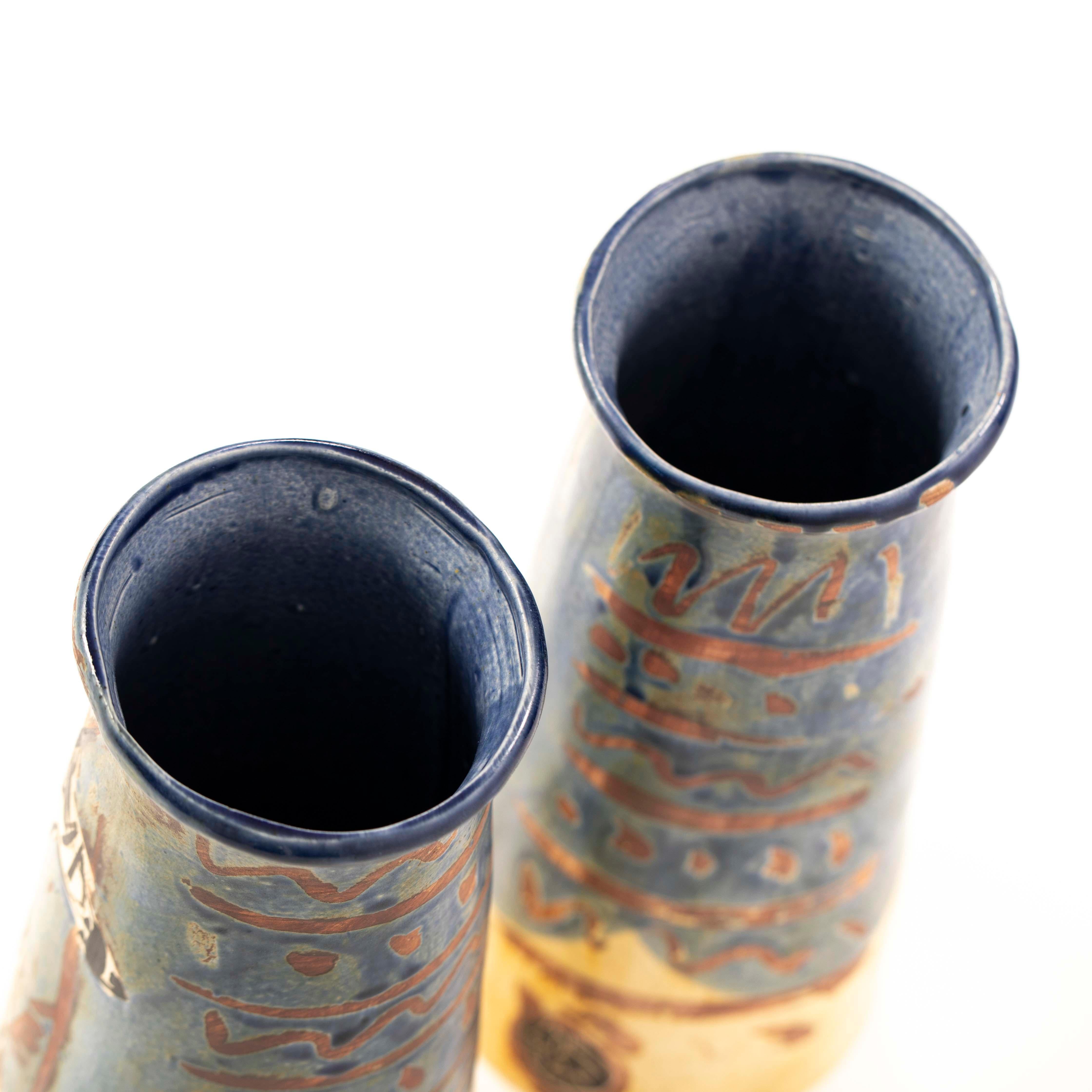 Pair of French Cubist-Inspired Ceramic Vases Depicting Women Playing Music 1940s For Sale 2