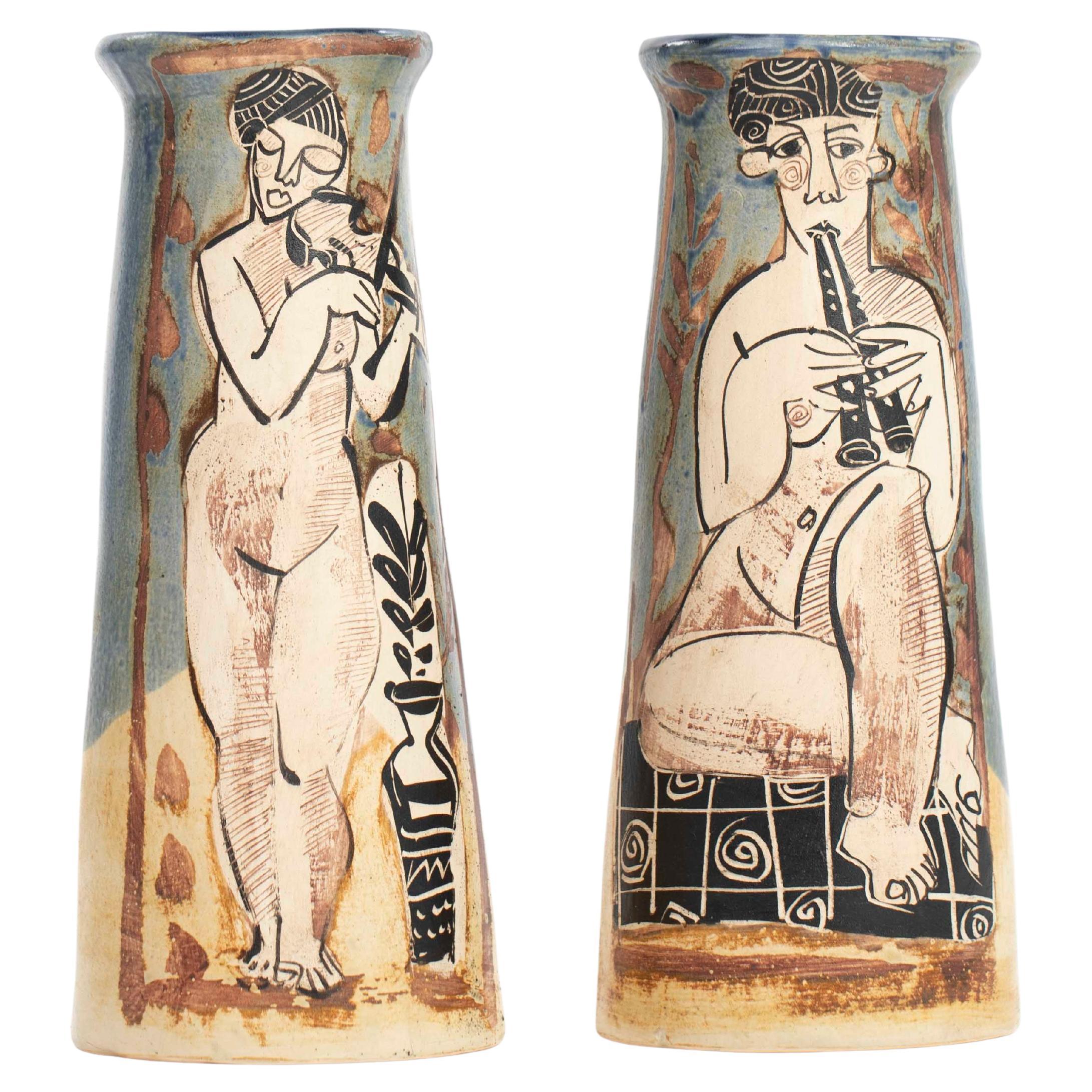Pair of French Cubist-Inspired Ceramic Vases Depicting Women Playing Music 1940s For Sale
