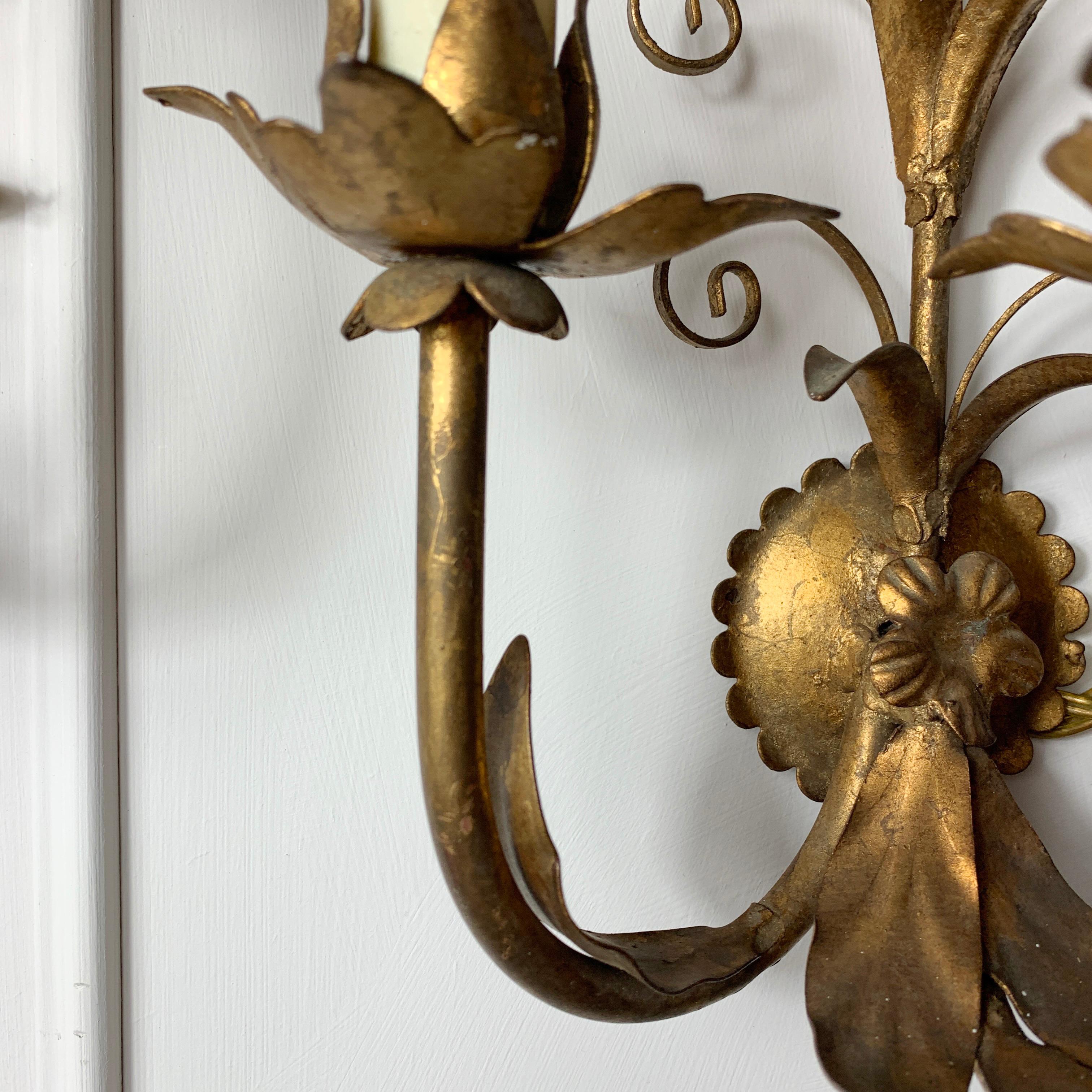 Metal Gold French Scroll Leaf  Wall Lights, circa 1960s For Sale