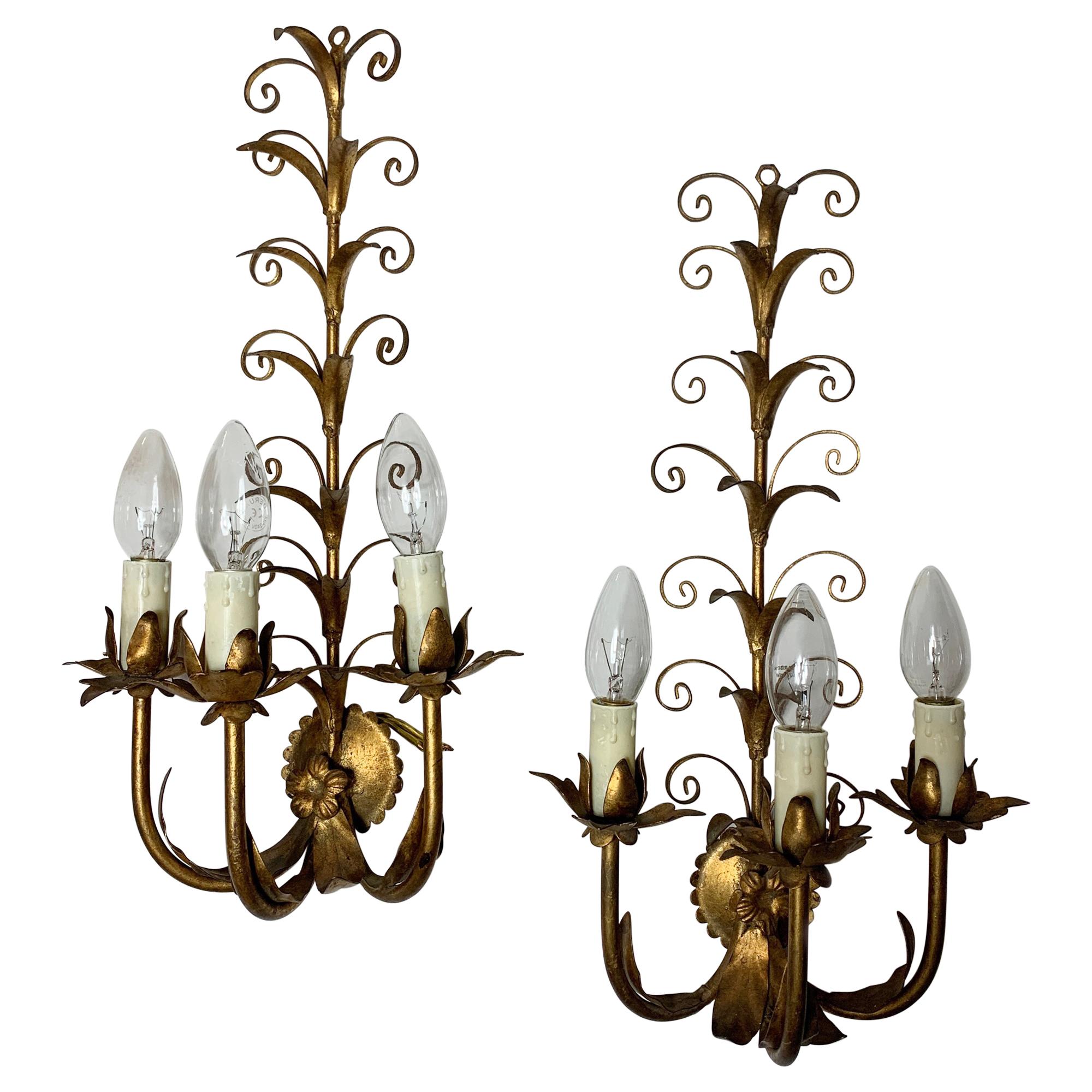 Gold French Scroll Leaf  Wall Lights, circa 1960s For Sale