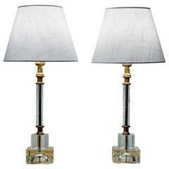 Pair of French Cut and Etched Crystal Art Deco Style Column Table Lamps, 1930's