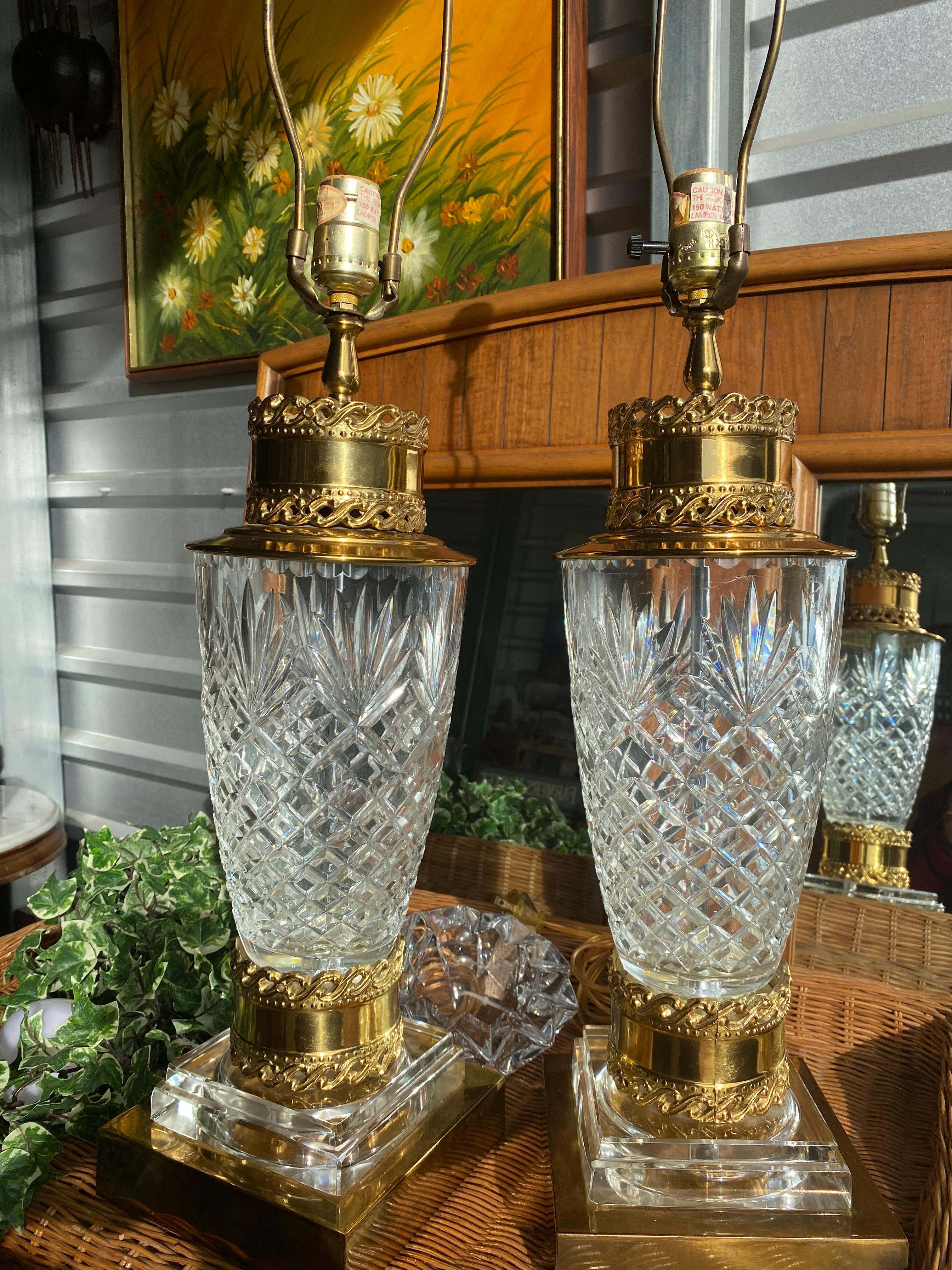 Mid-Century Modern Pair of French Cut Crystal and Bronze Table Lamps For Sale